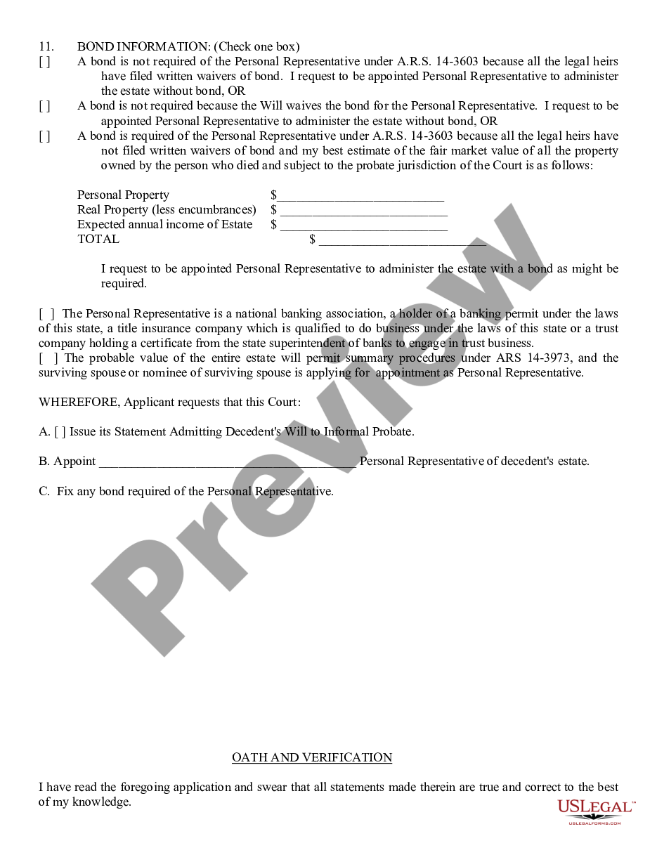 form Application for Informal Probate of a Will and Appointment of Personal Representative preview