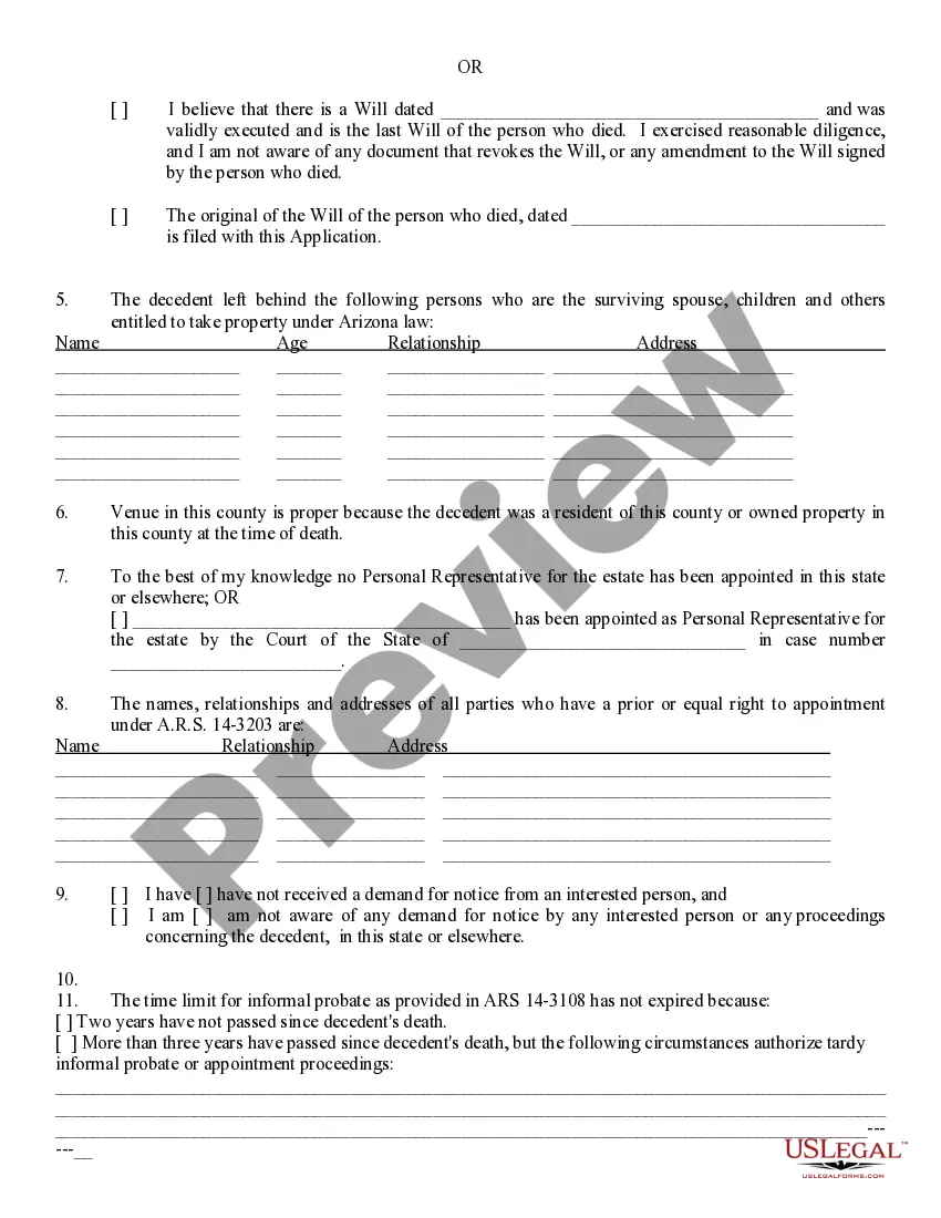 Preview Application for Informal Probate of a Will and Appointment of Personal Representative