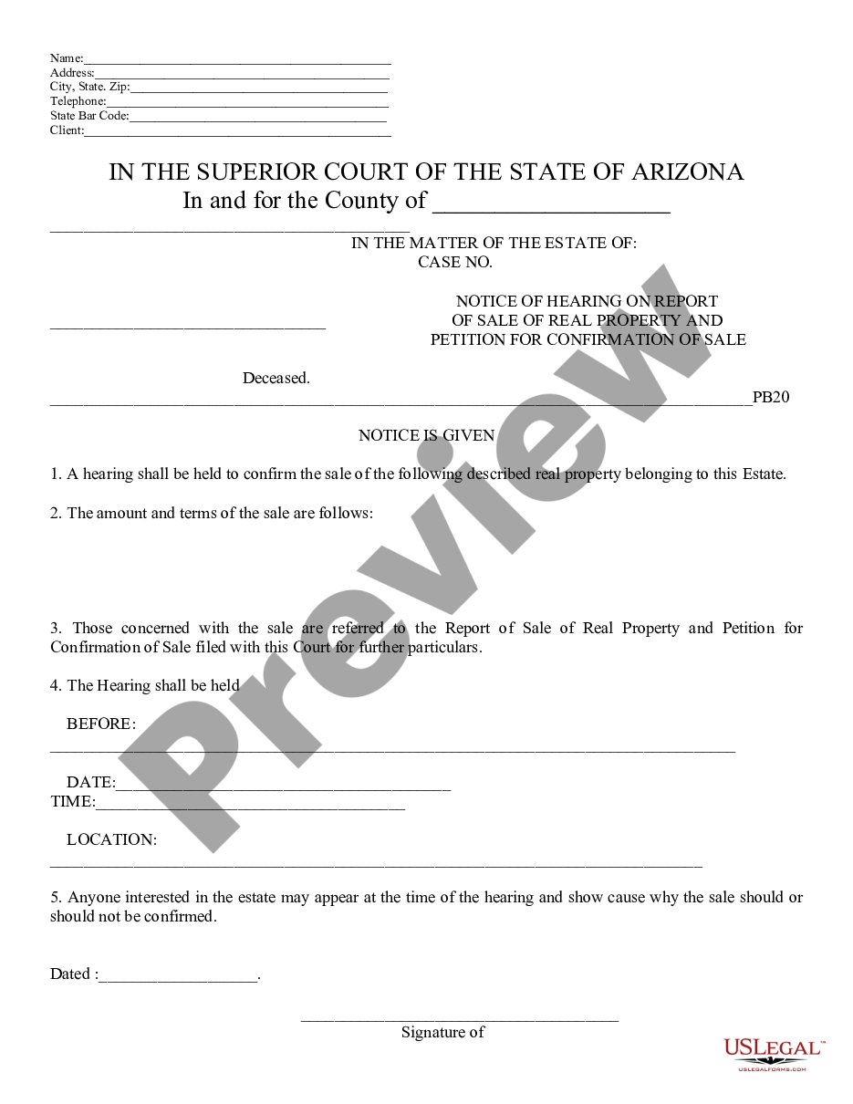 page 0 Notice of Hearing on Report of Sale of Real Property and Petition for Confirmation of Sale preview