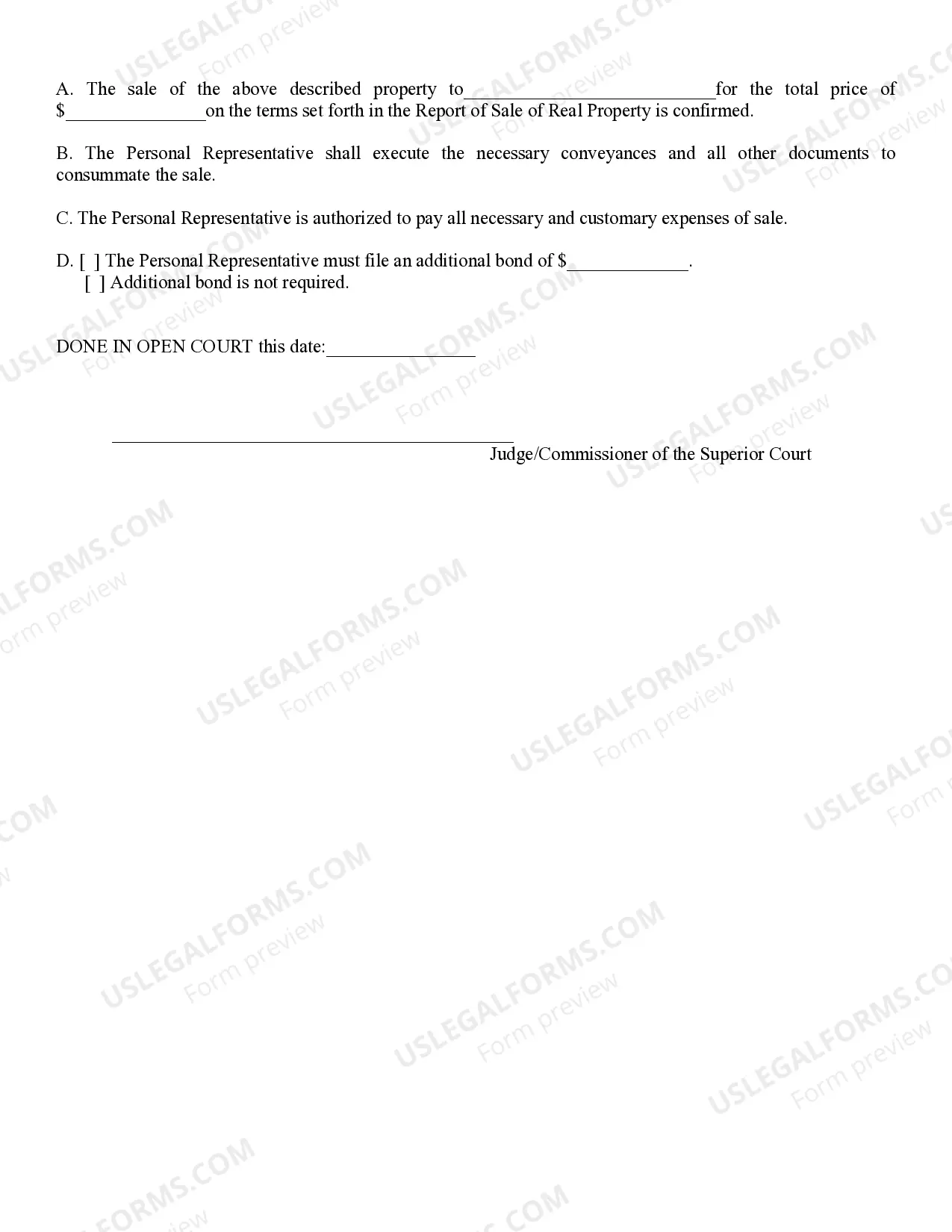 Preview Order Confirming Sale of Real Property of Estate