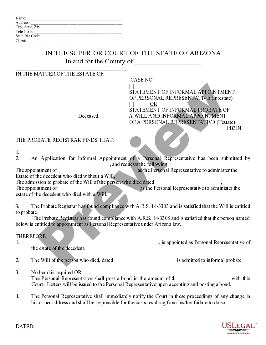 Preview Statement of Informal Probate of a Will and Appointment of Personal Representative