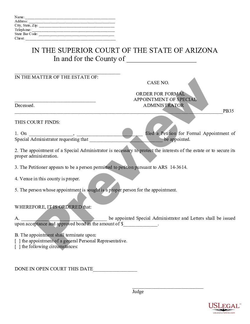 form Order for Formal Appointment of Special Administrator preview