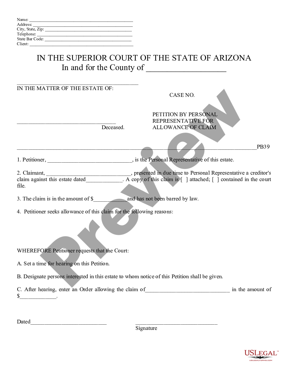 form Petition by Personal Representative for Allowance of Claim preview