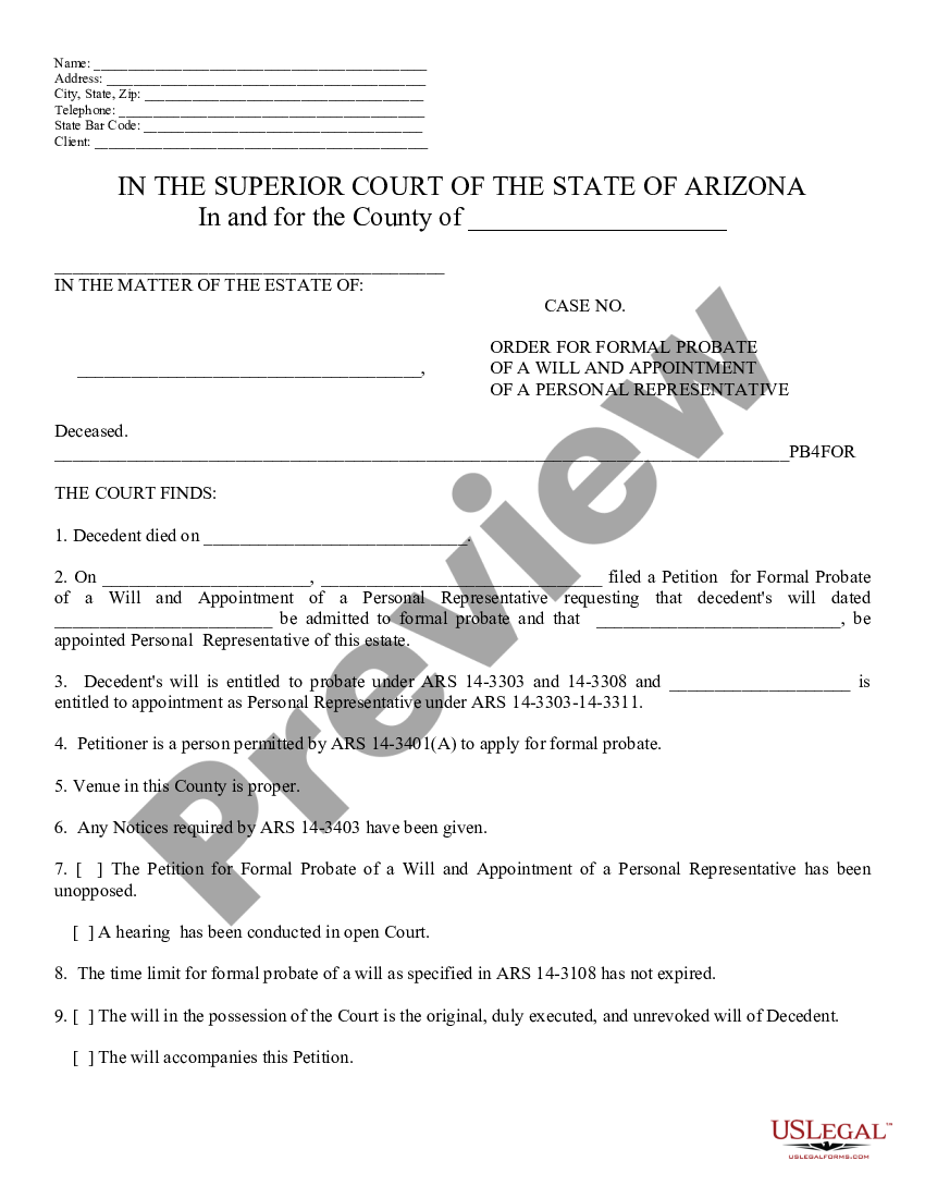 Arizona Order of Formal Probate and Appointment of Personal