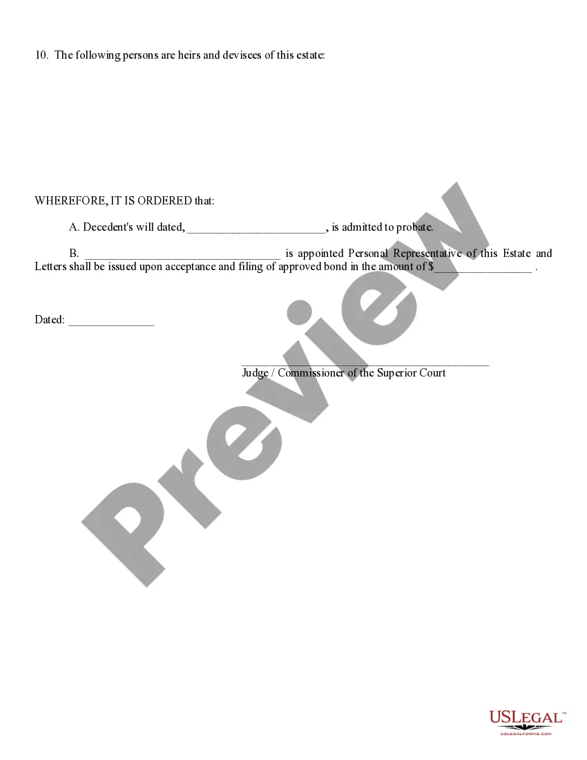 Get Order of Formal Probate and Appointment of Personal Representative Preview Order of Formal Probate and Appointment of Personal Representative