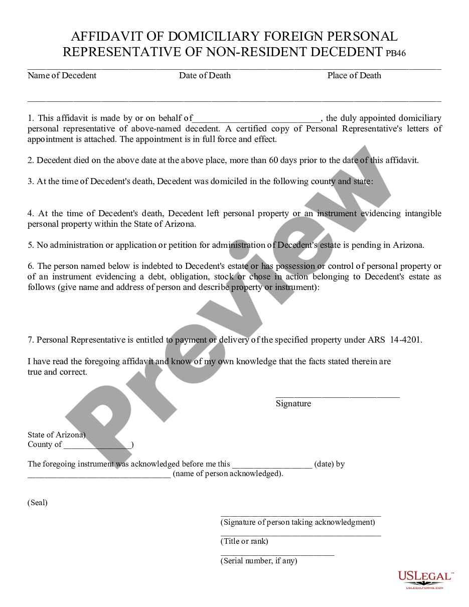 form Affidavit of Domiciliary Foreign Personal Representative of Nonresident Decedent preview