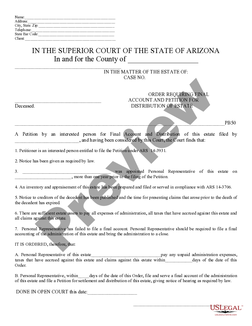 Arizona Order Requiring Final Accounting and Petition for Distribution