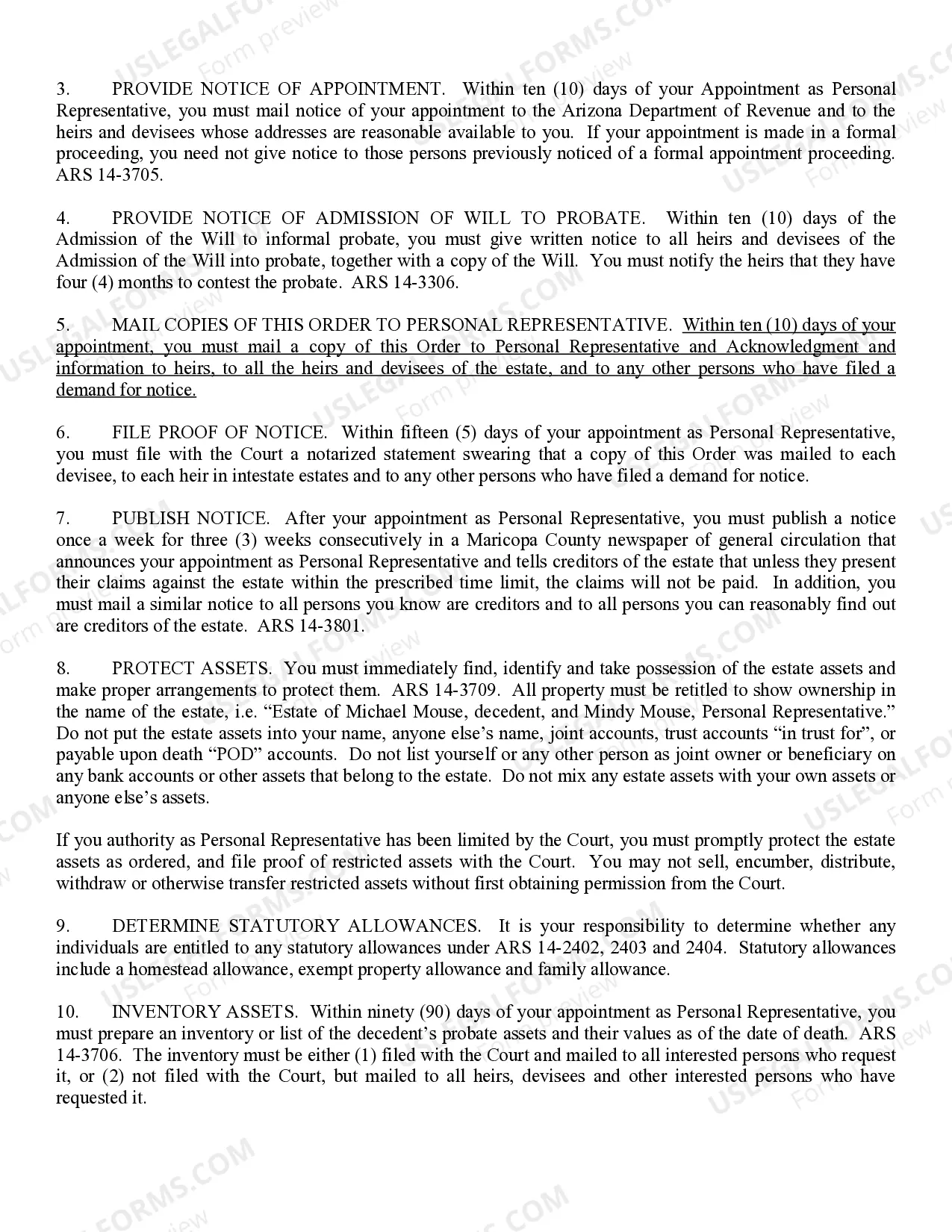 Preview Order to Personal Representatives