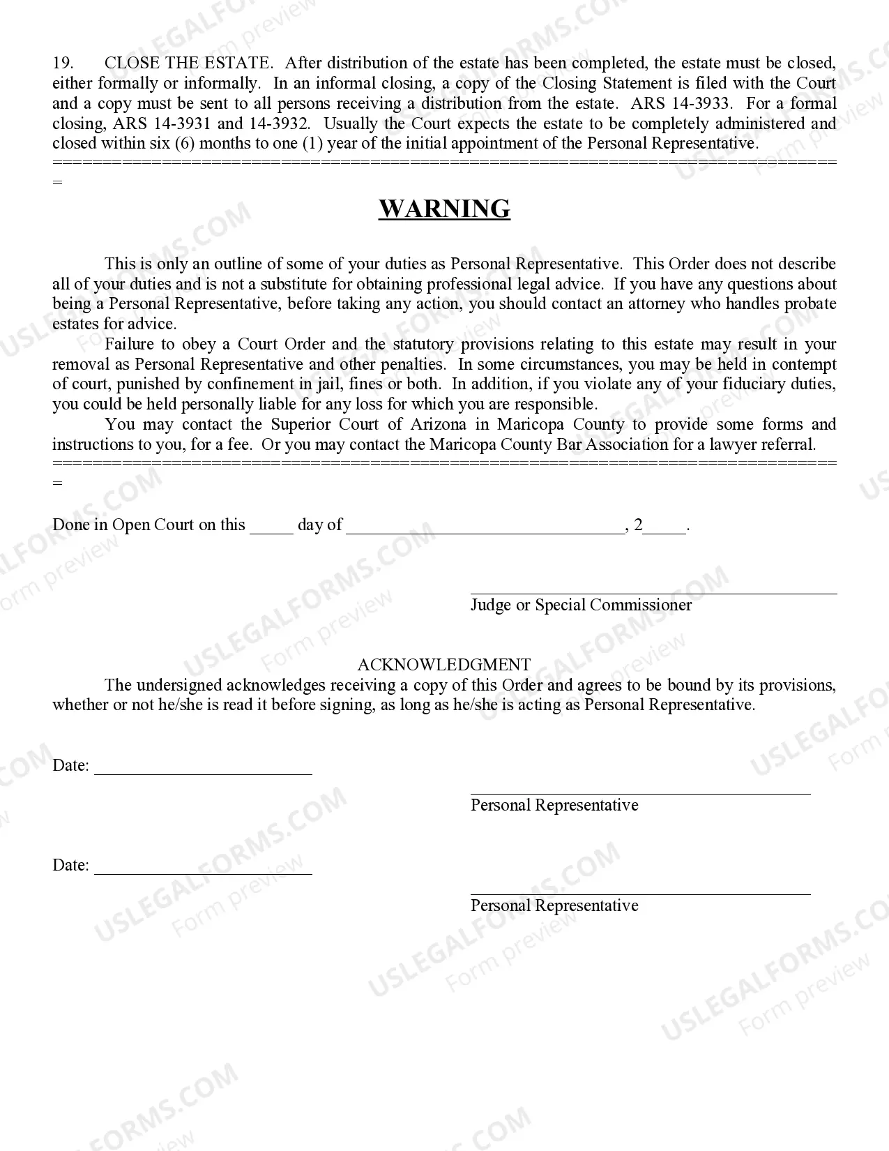 Preview Order to Personal Representatives