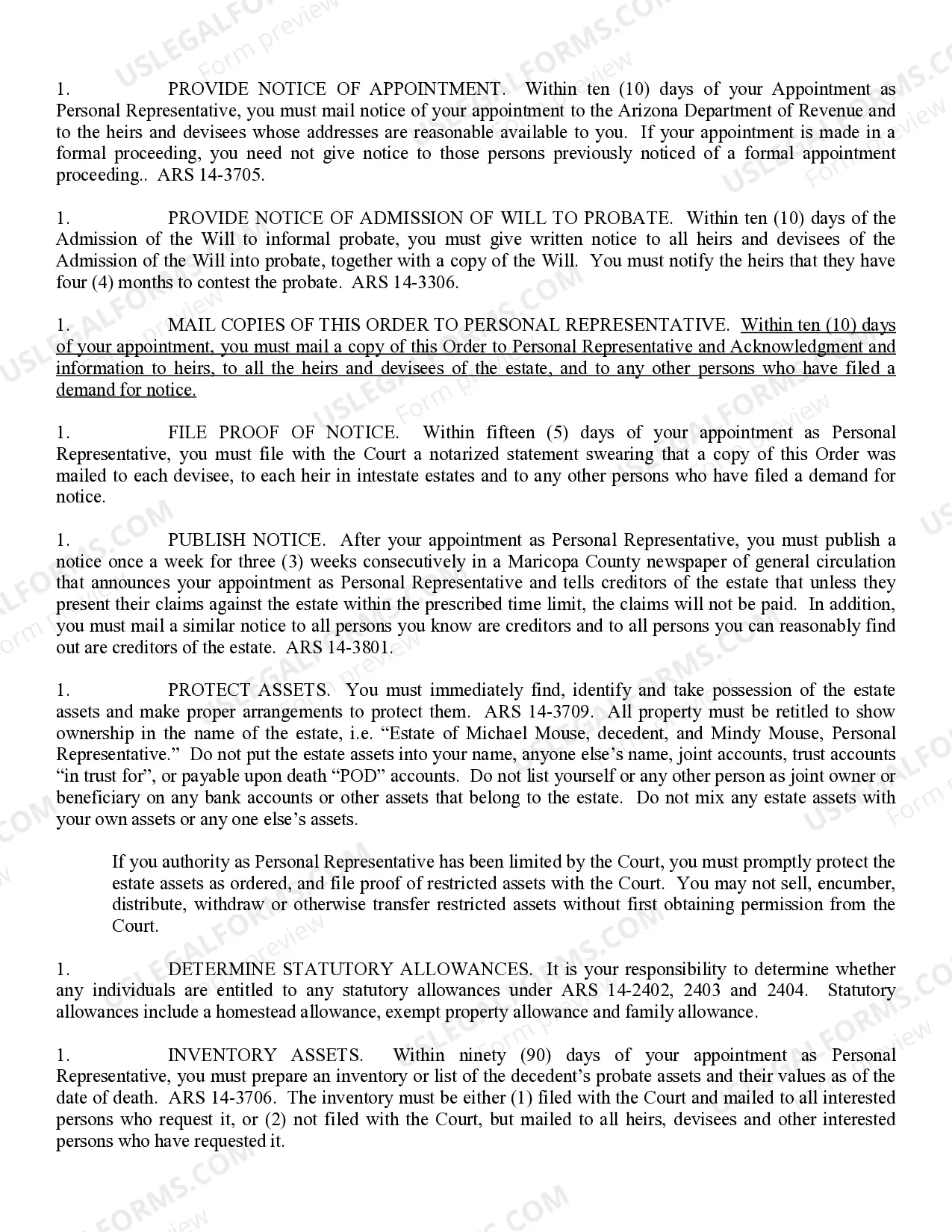 Preview Order to Personal Representatives