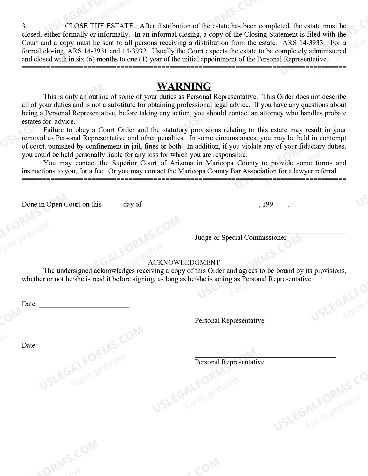 Preview Order to Personal Representatives