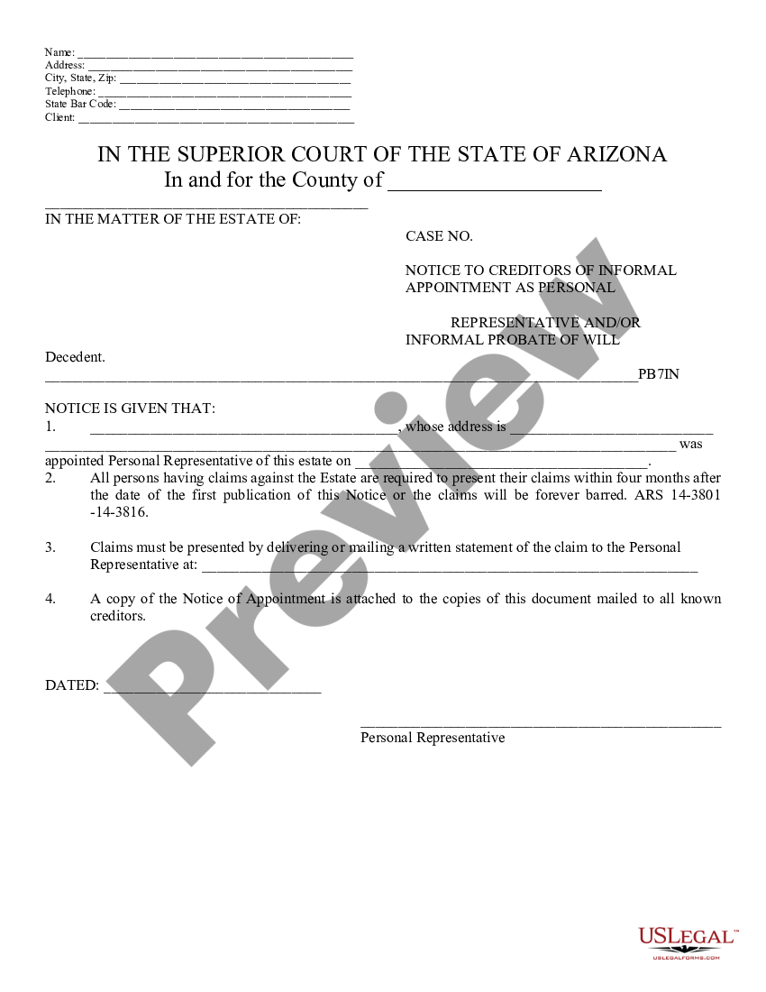 Maricopa Arizona Notice to Creditors in Probate Notice Creditors US