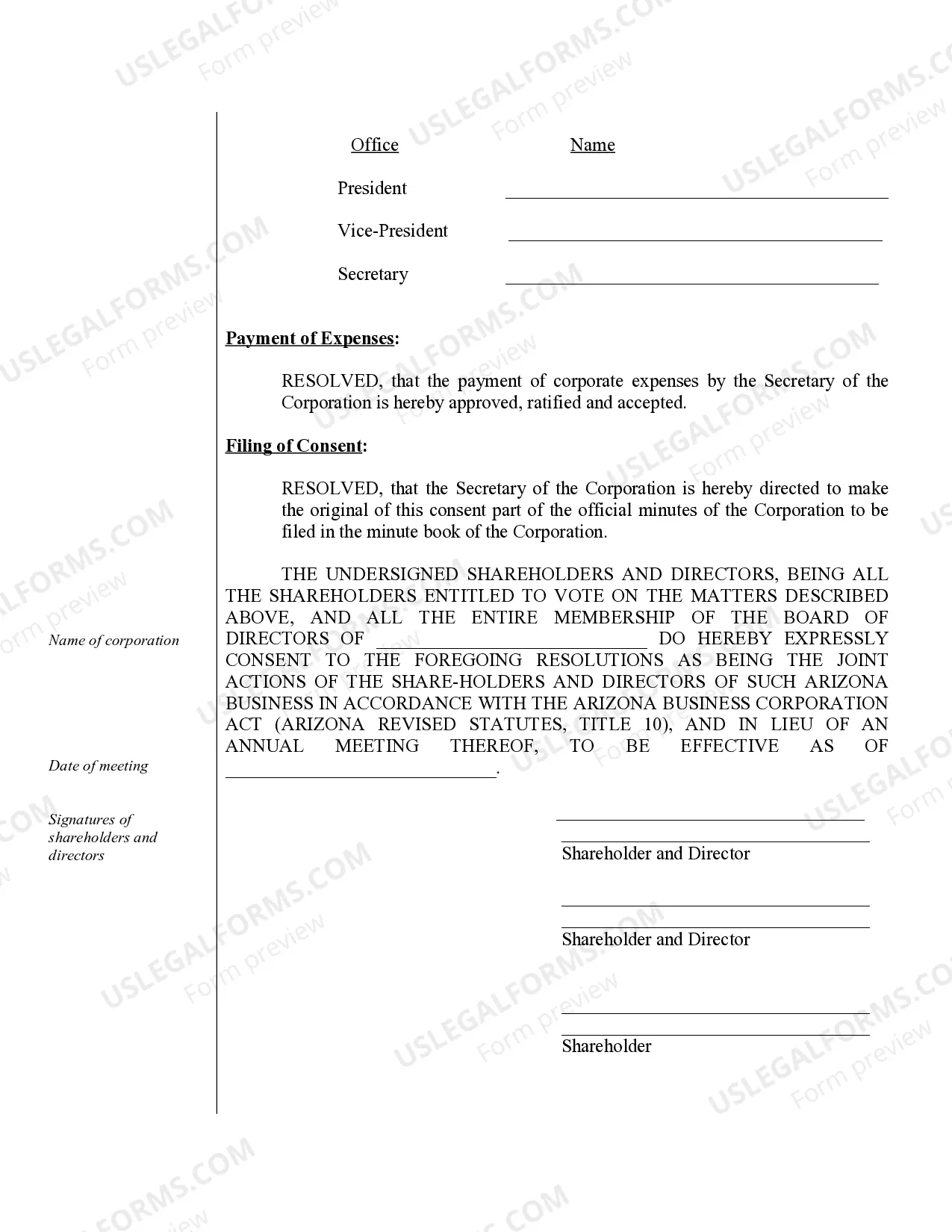 Preview Annual Minutes for a Arizona Professional Corporation