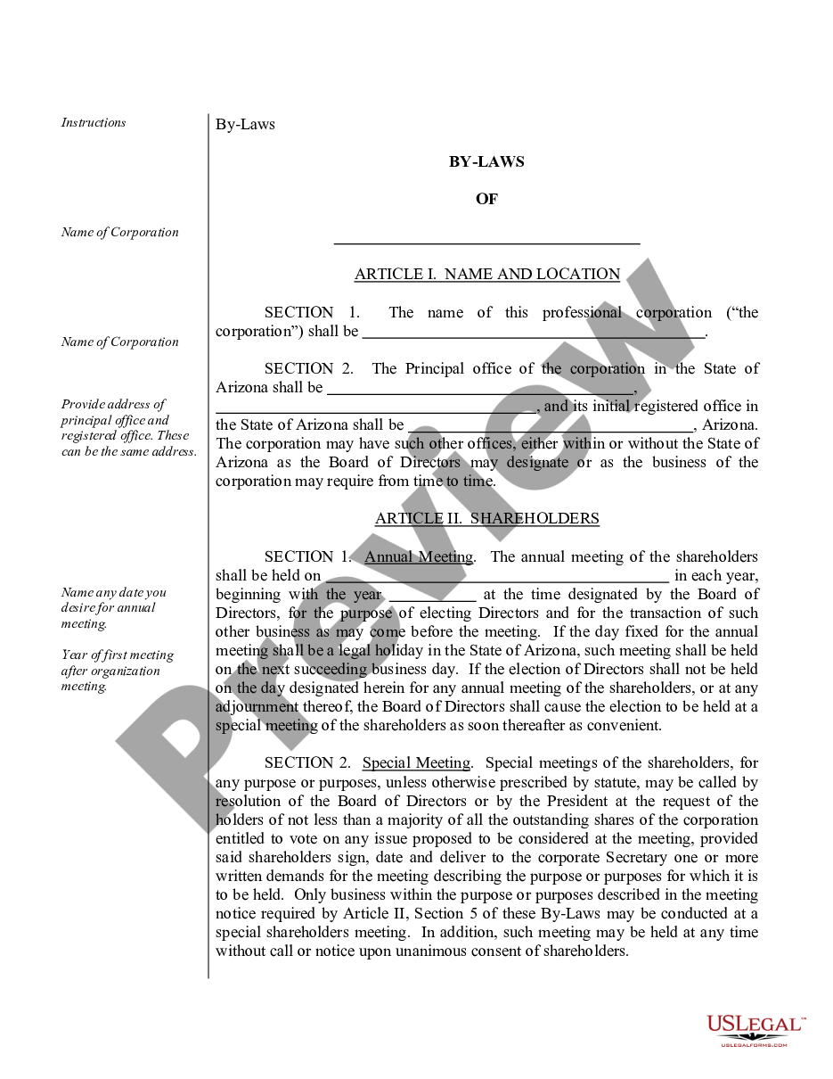 page 1 Sample Bylaws for a Arizona Professional Corporation preview