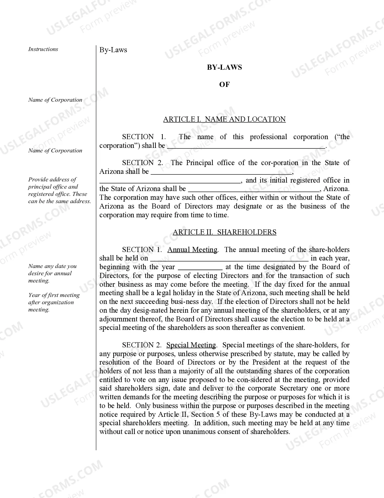 Preview Sample Bylaws for a Arizona Professional Corporation