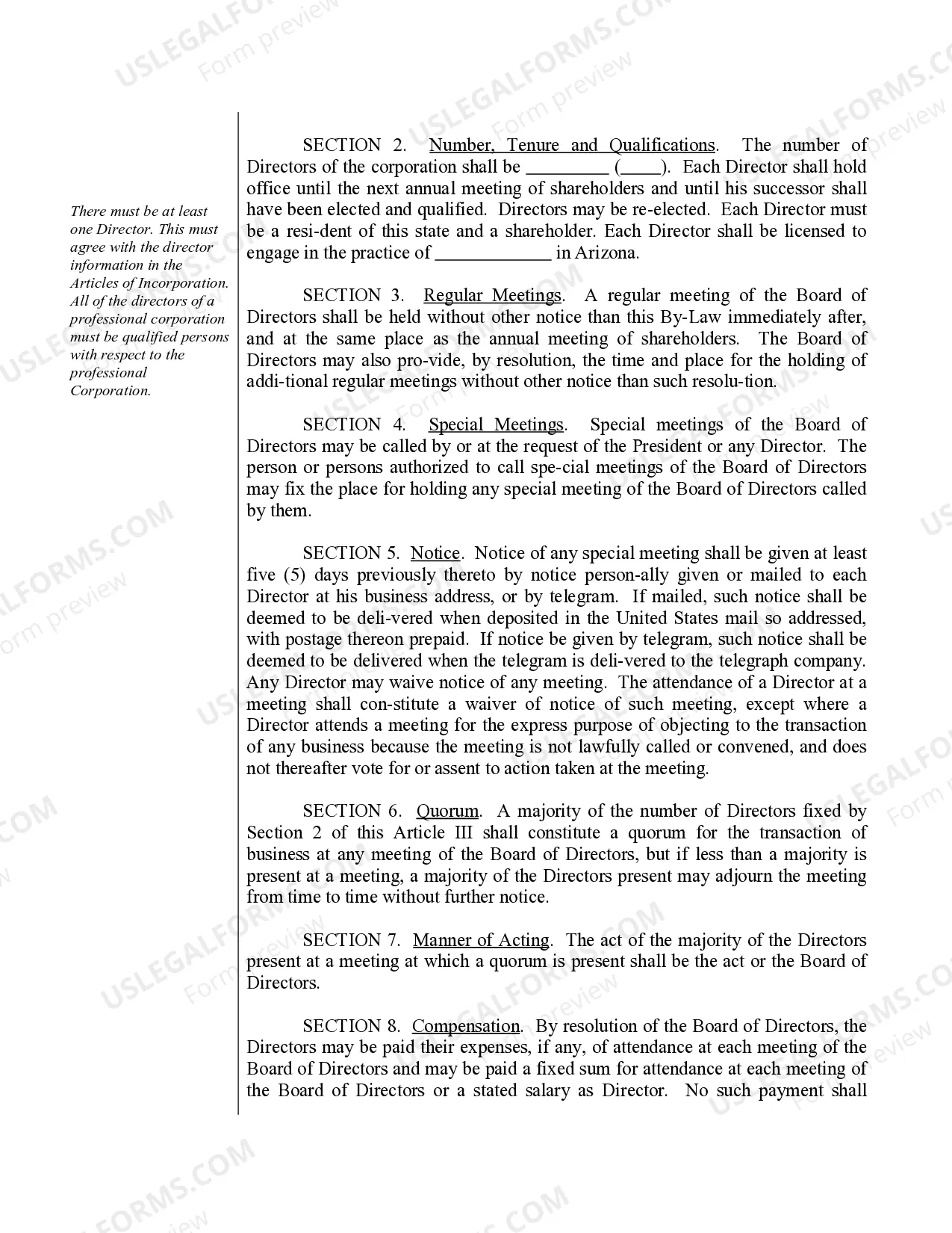 Preview Sample Bylaws for a Arizona Professional Corporation