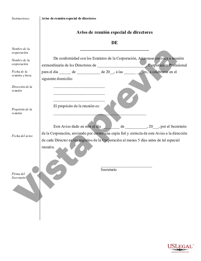 Preview Muestra de registros corporativos para una corporación profesional de Arizona