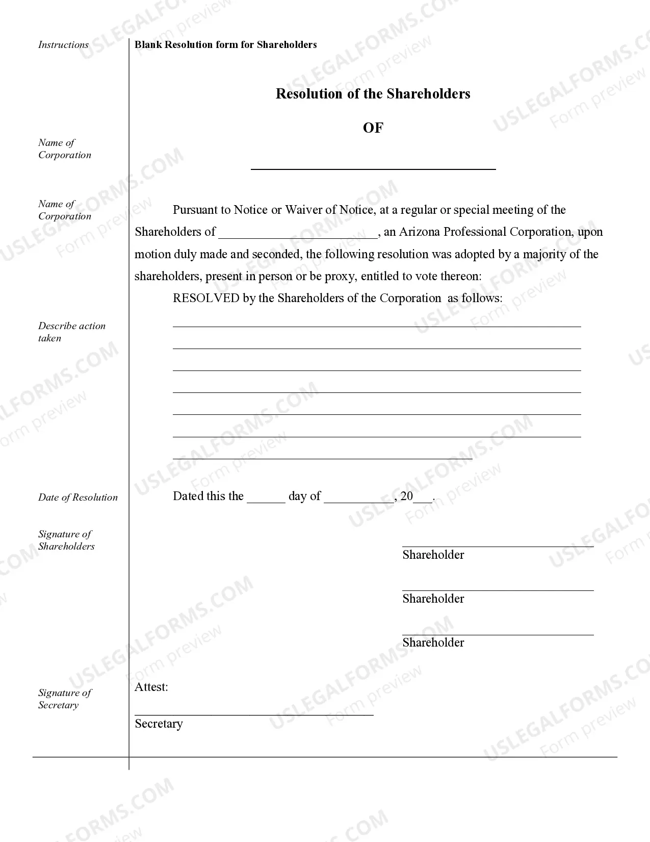 Preview Sample Corporate Records for a Arizona Professional Corporation