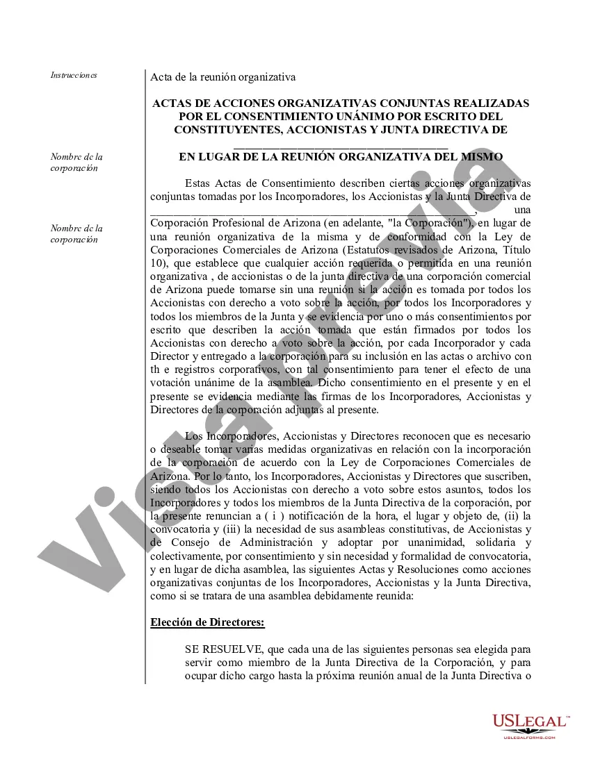 Preview Ejemplo de actas organizacionales para una corporación profesional de Arizona