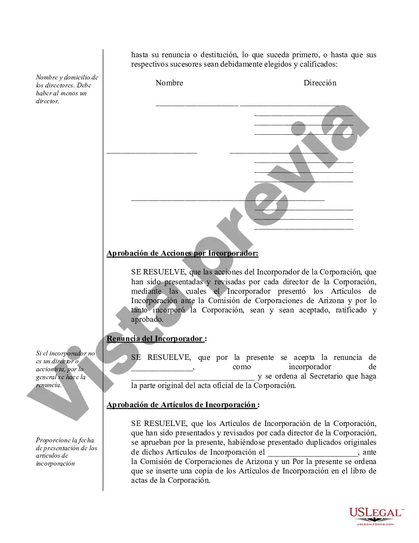 Preview Ejemplo de actas organizacionales para una corporación profesional de Arizona