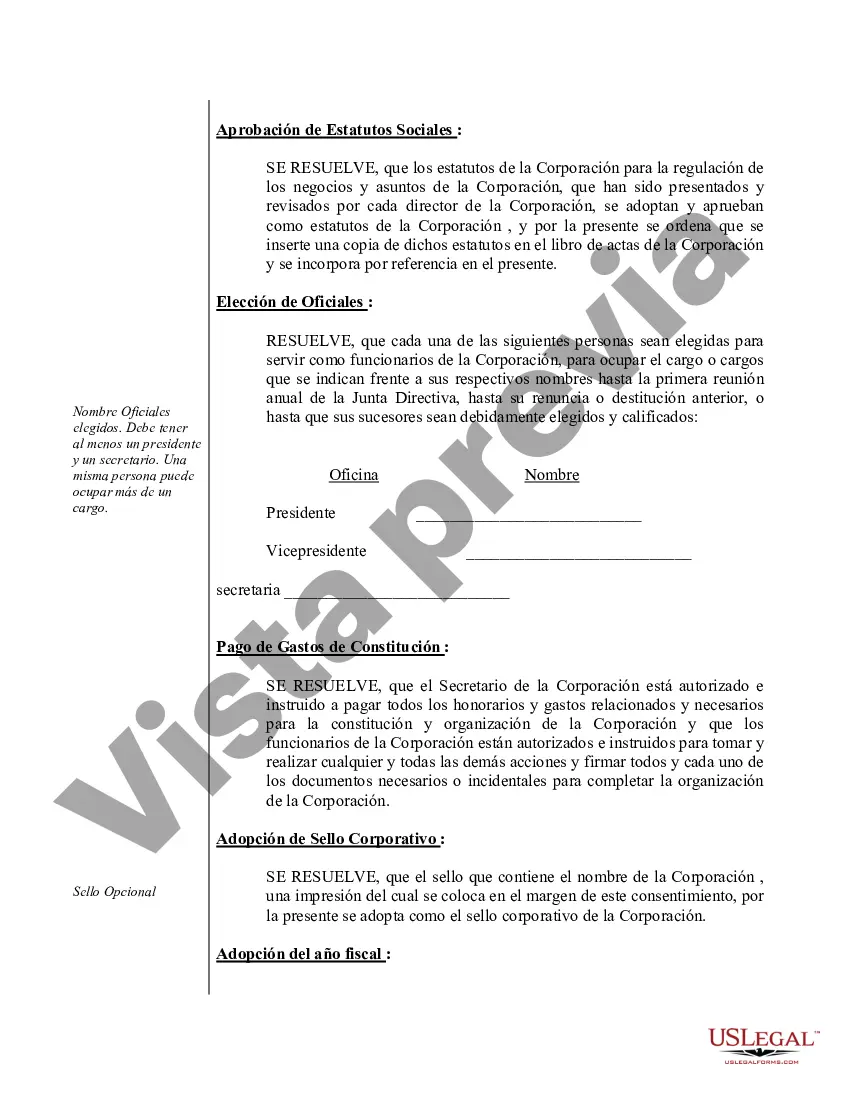 Preview Ejemplo de actas organizacionales para una corporación profesional de Arizona