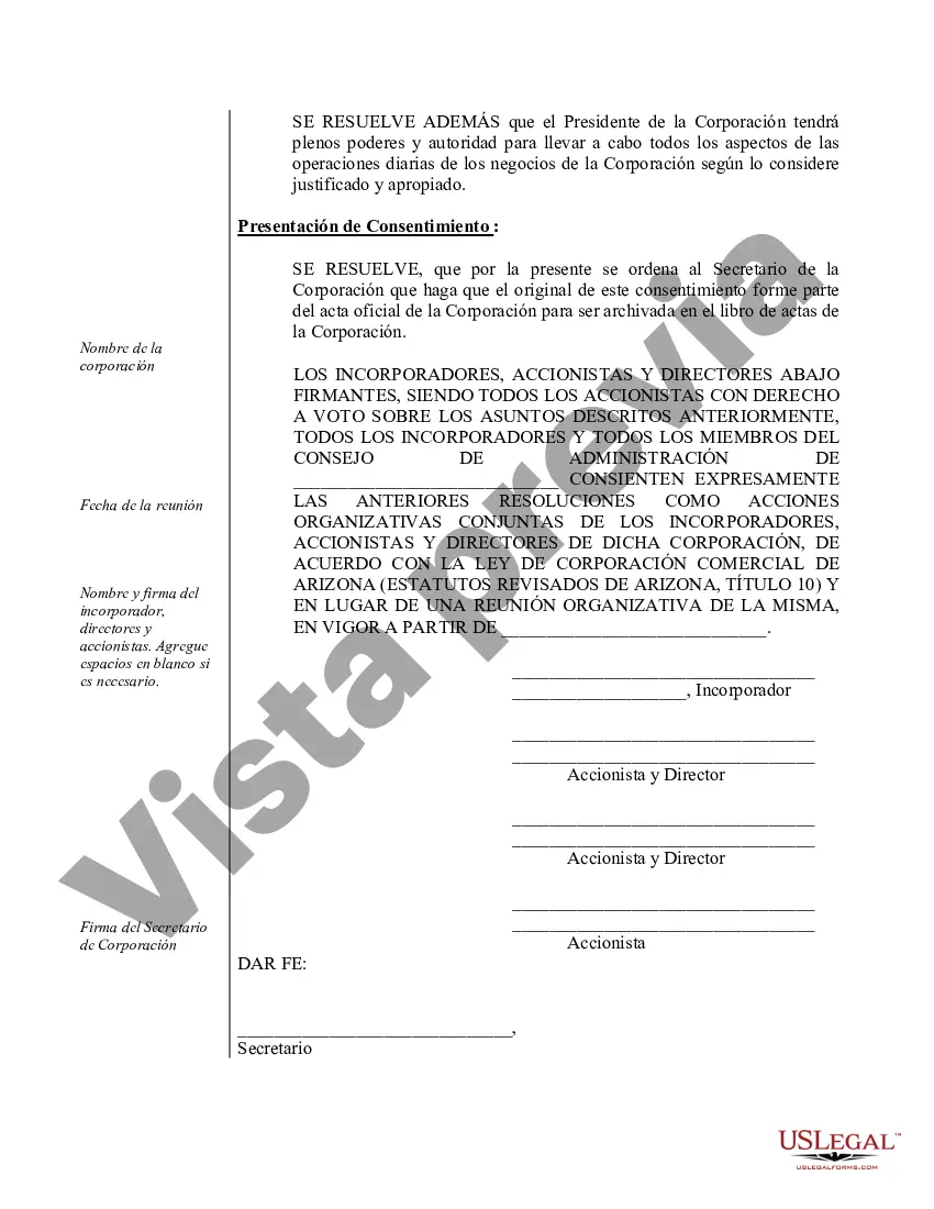 Preview Ejemplo de actas organizacionales para una corporación profesional de Arizona