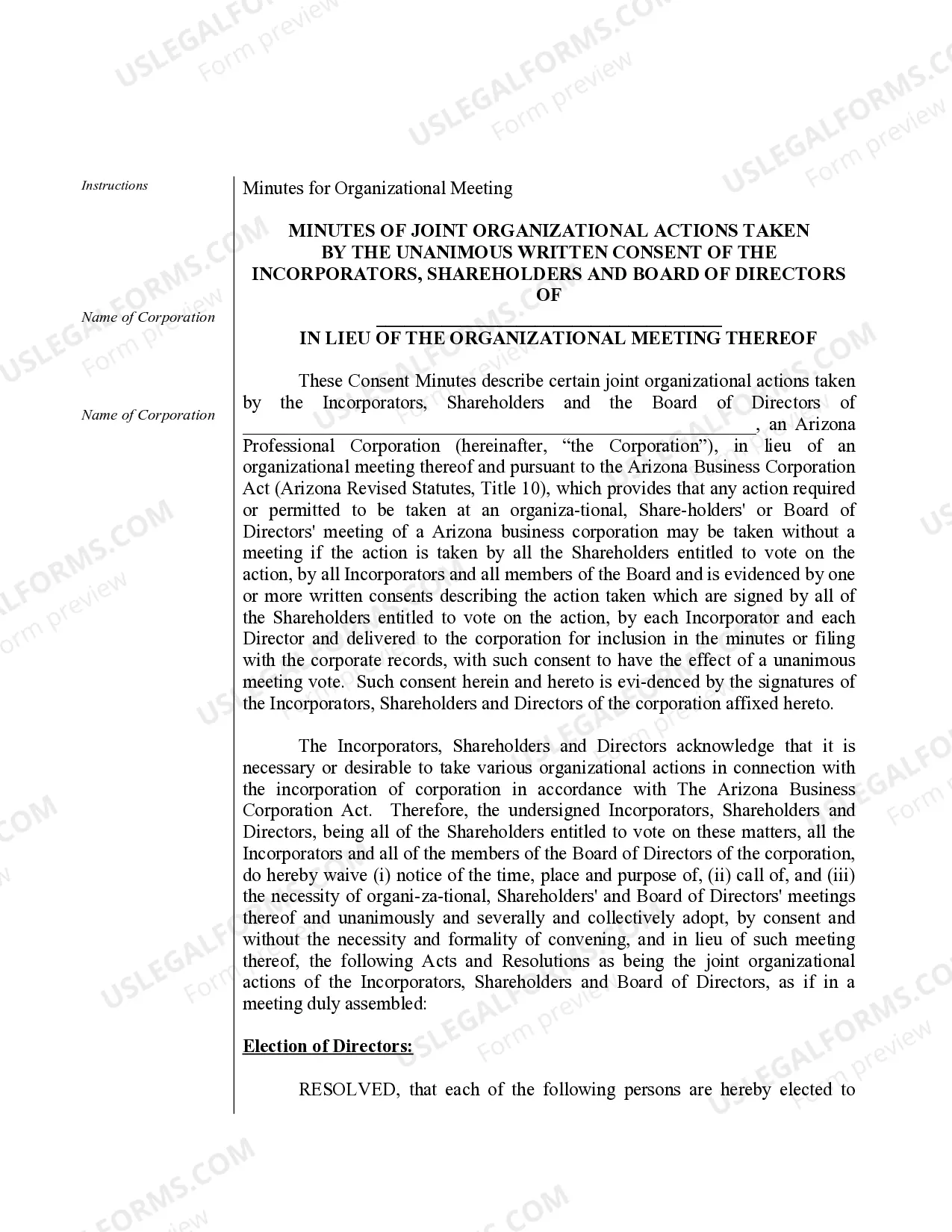 Preview Sample Organizational Minutes for an Arizona Professional Corporation