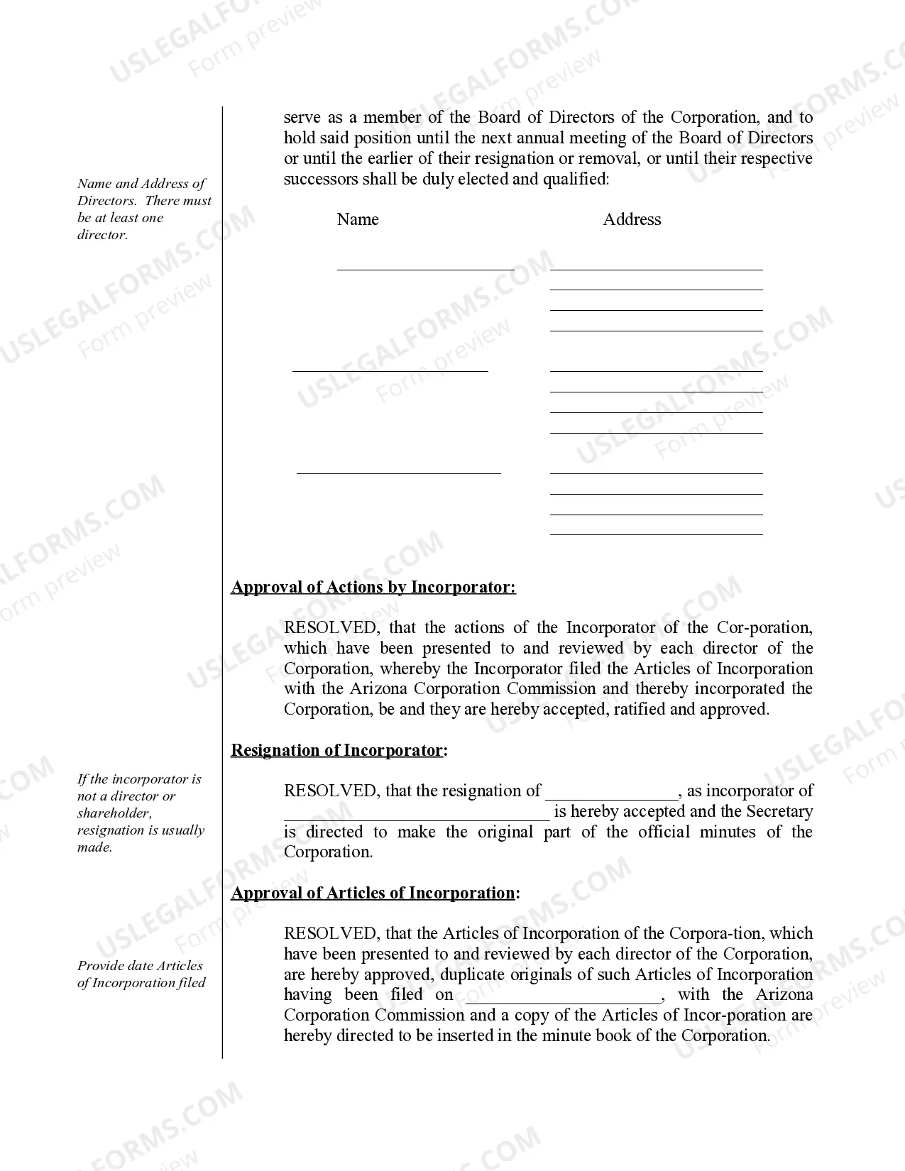 Preview Sample Organizational Minutes for an Arizona Professional Corporation