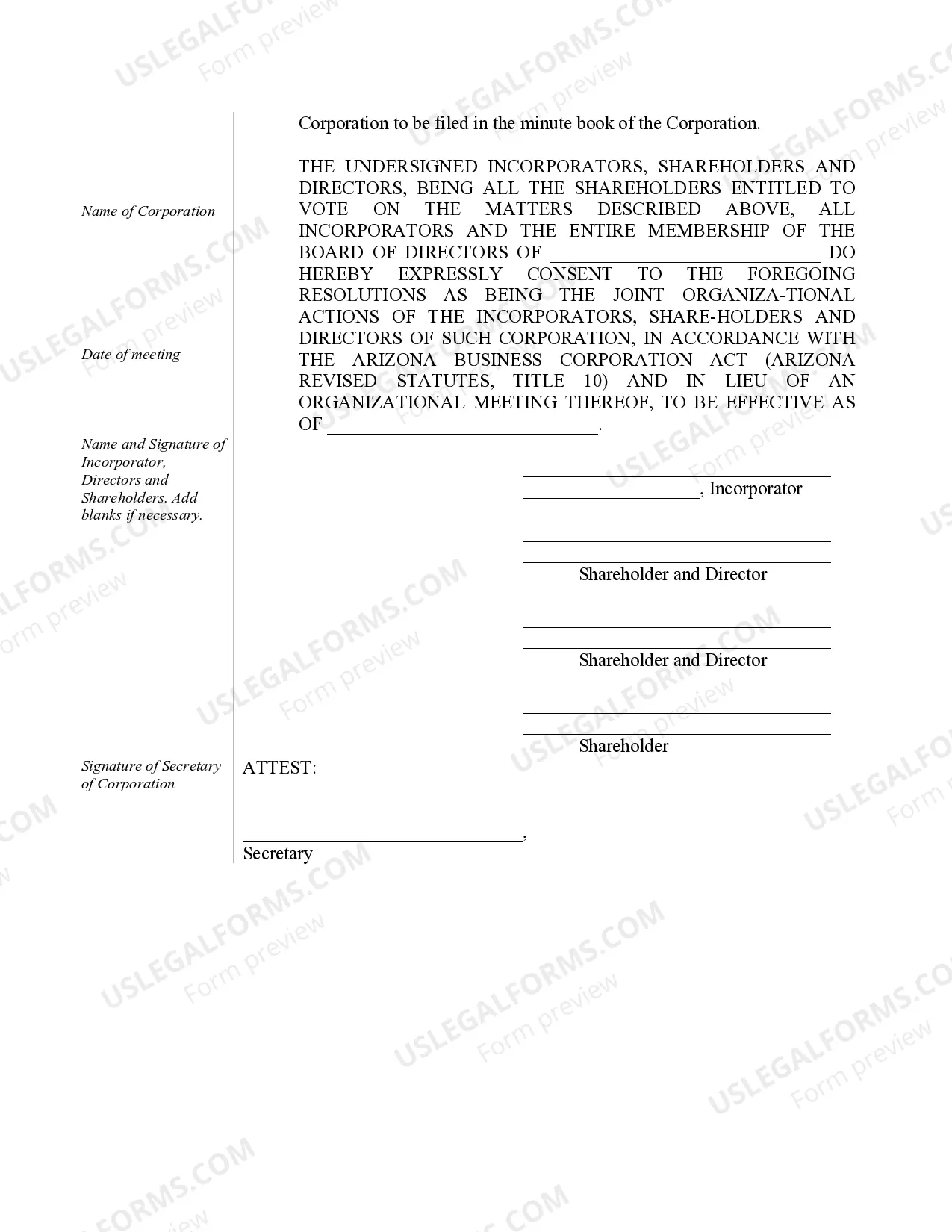 Preview Sample Organizational Minutes for an Arizona Professional Corporation