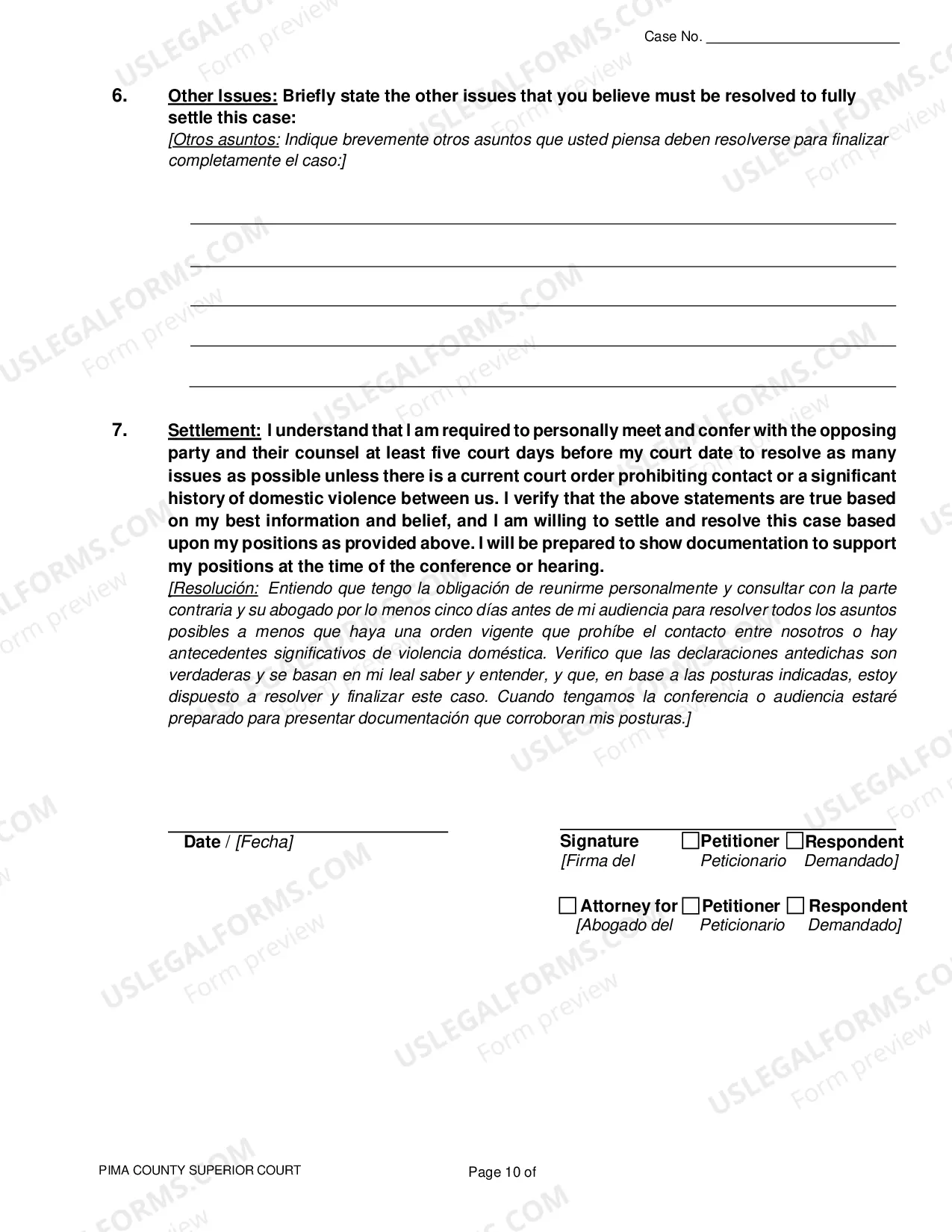 Preview Pima County - Resolution Statement for Paternity and Legal Decision Making Cases - Spanish