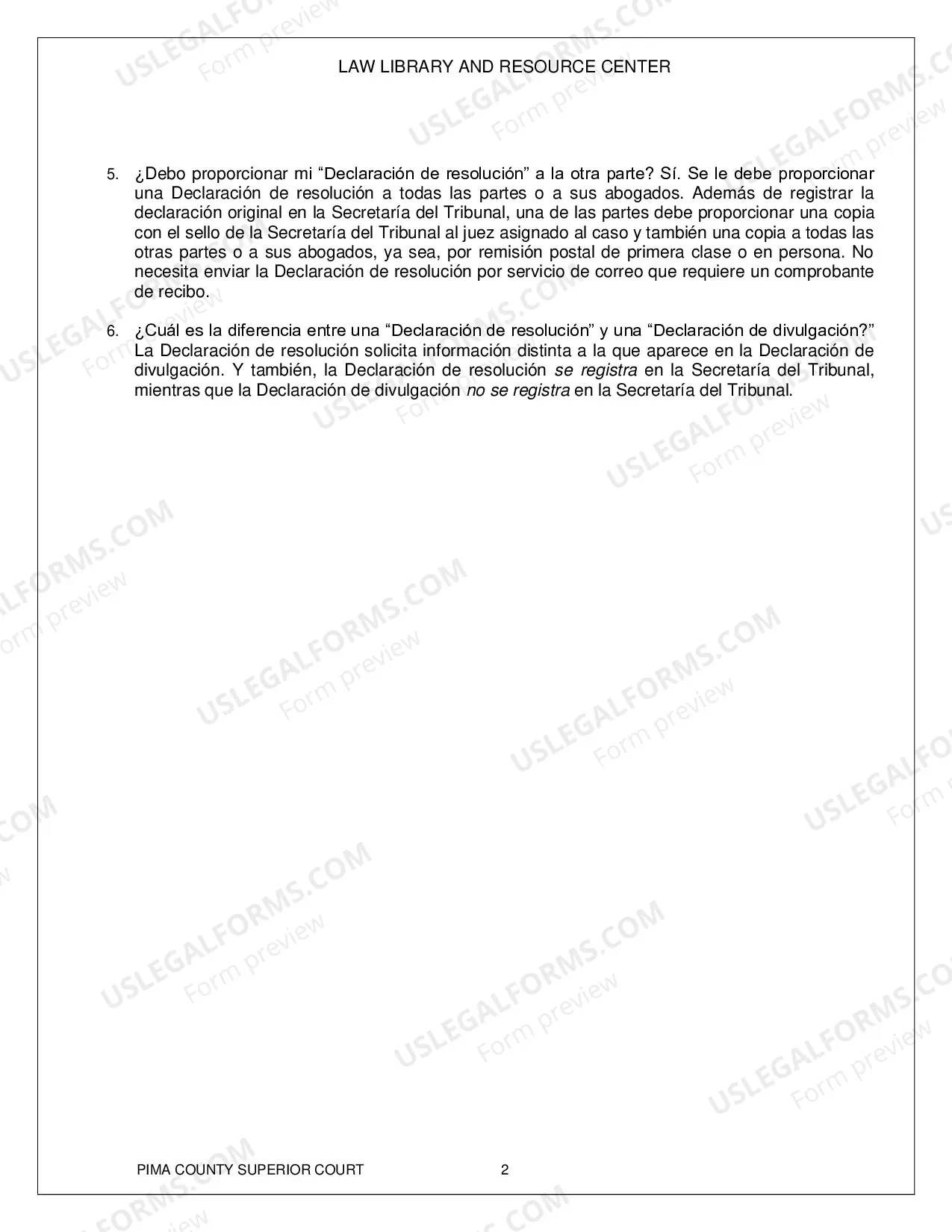 Preview Pima County - Resolution Statement for Paternity and Legal Decision Making Cases - Spanish