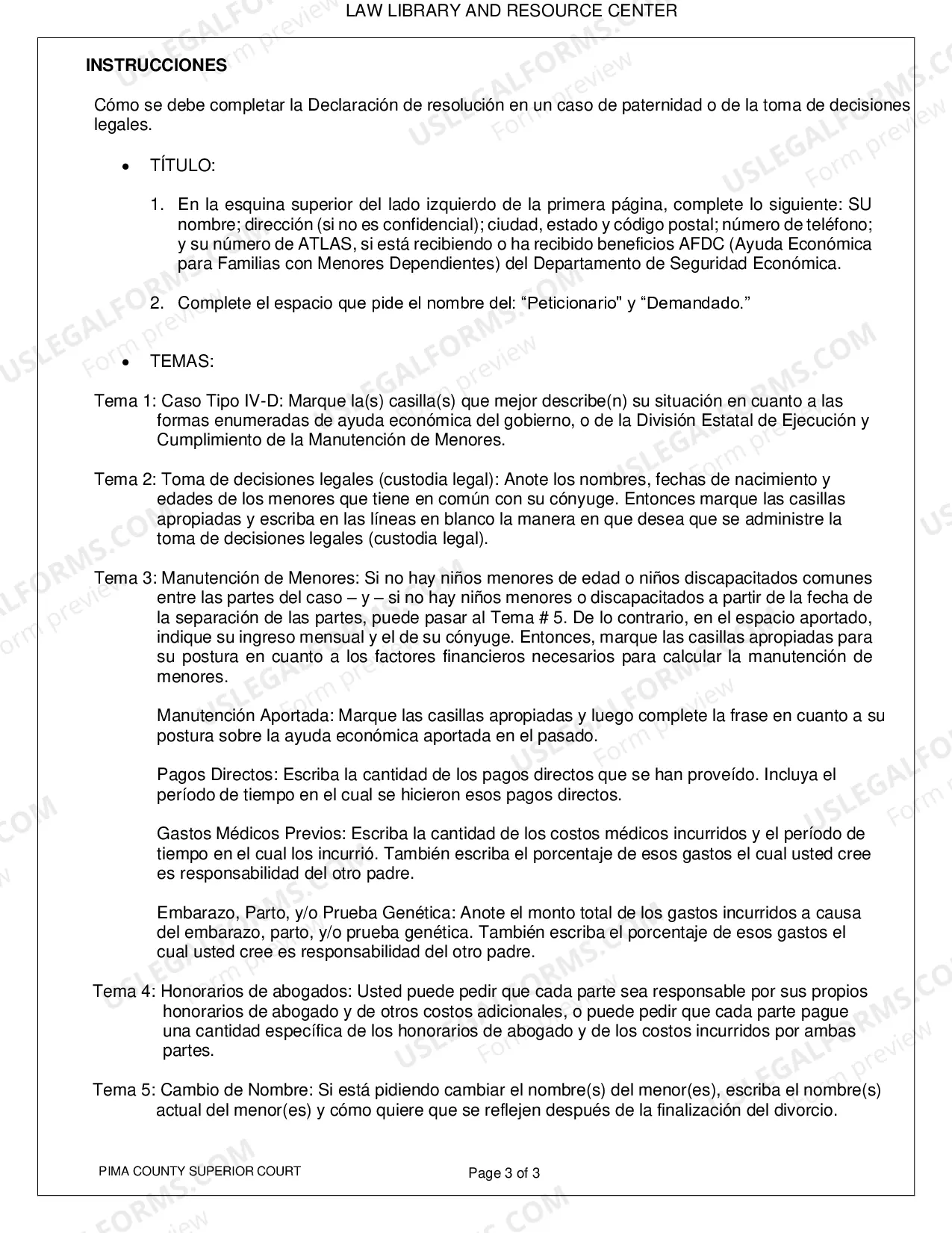 Preview Pima County - Resolution Statement for Paternity and Legal Decision Making Cases - Spanish