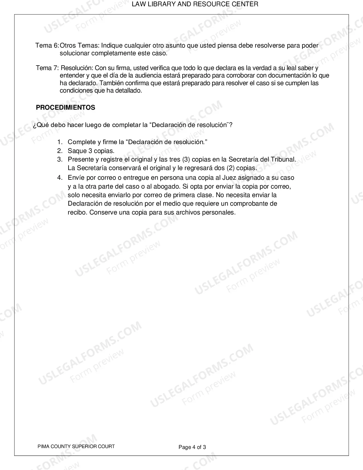 Preview Pima County - Resolution Statement for Paternity and Legal Decision Making Cases - Spanish