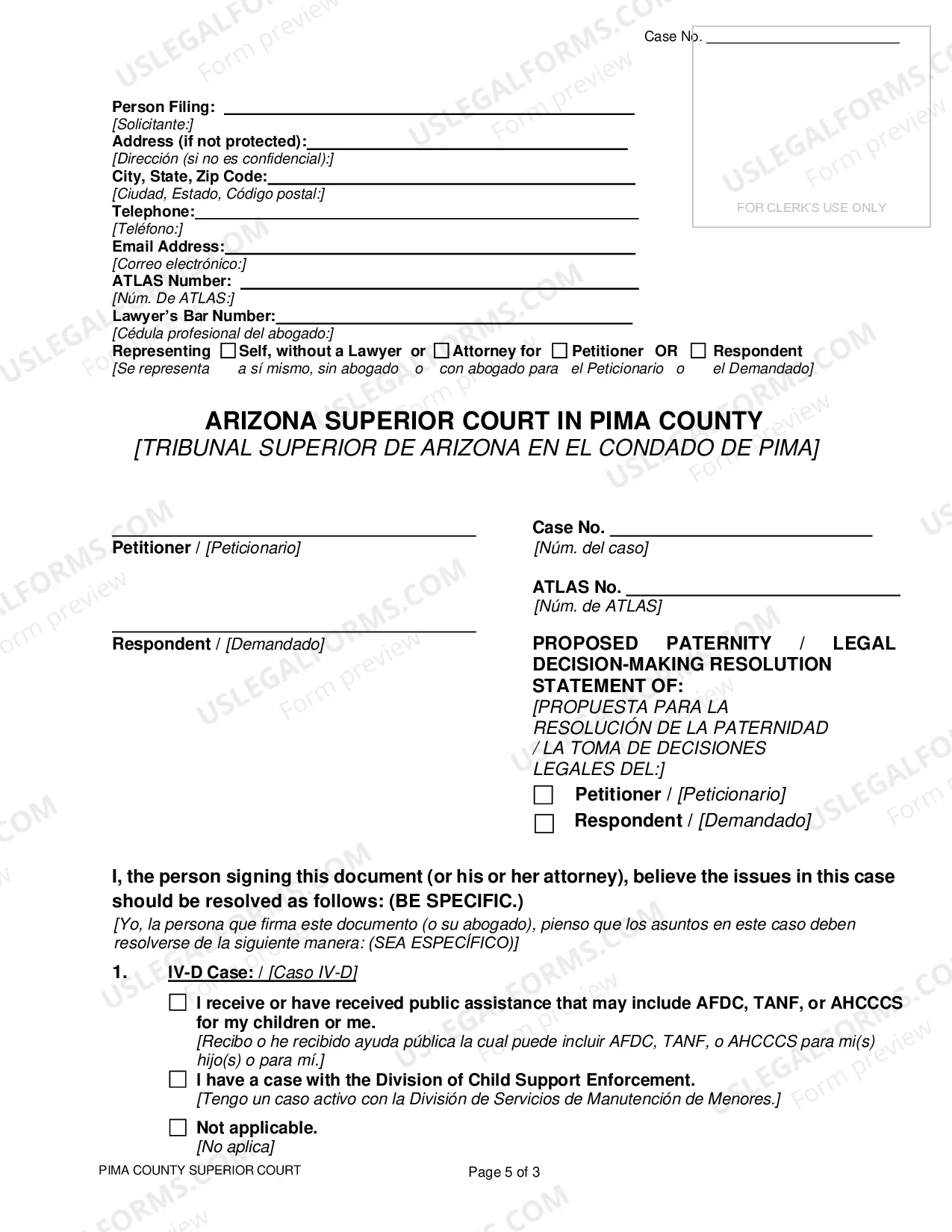 Preview Pima County - Resolution Statement for Paternity and Legal Decision Making Cases - Spanish