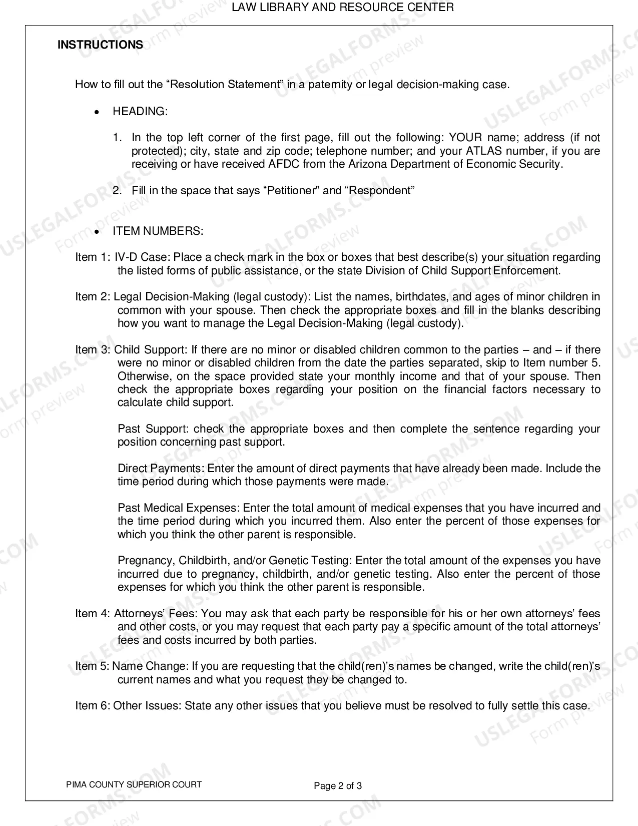 Preview Pima County - Resolution Statement for Paternity and Legal Decision Making Cases