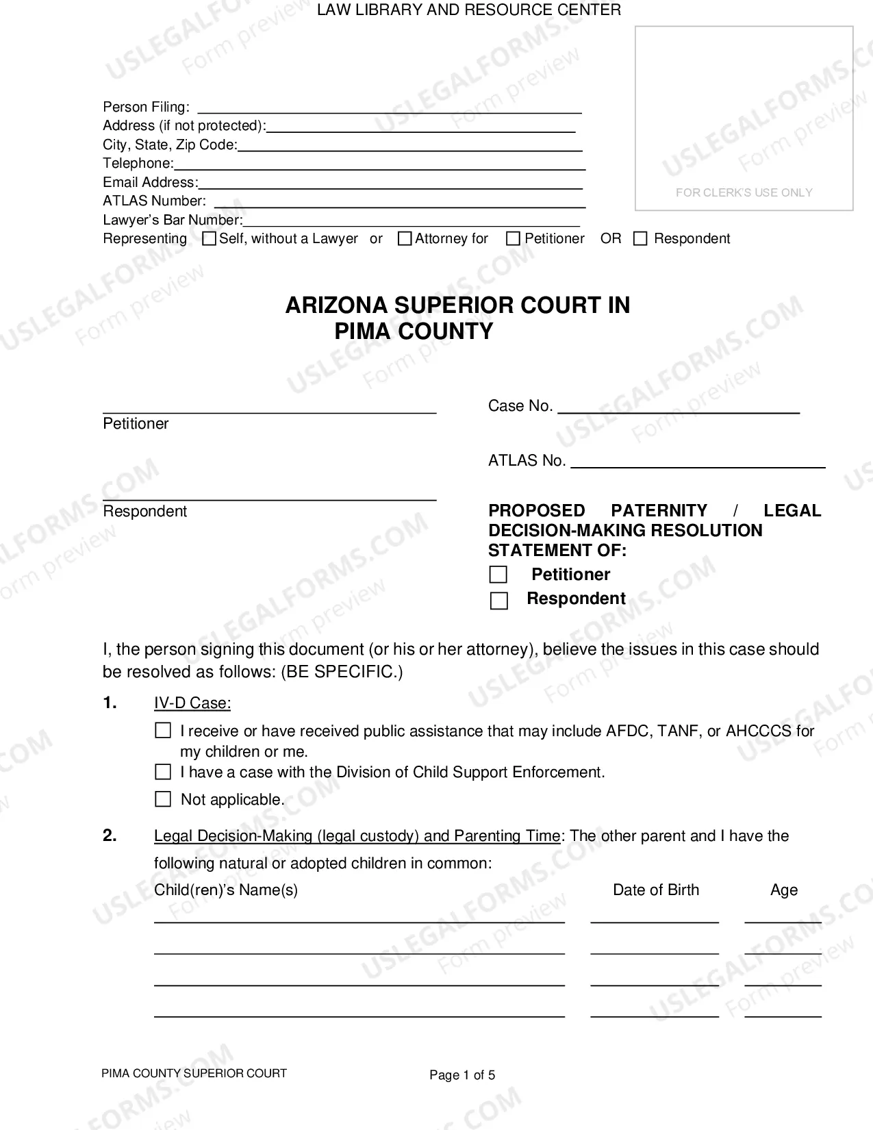 Preview Pima County - Resolution Statement for Paternity and Legal Decision Making Cases