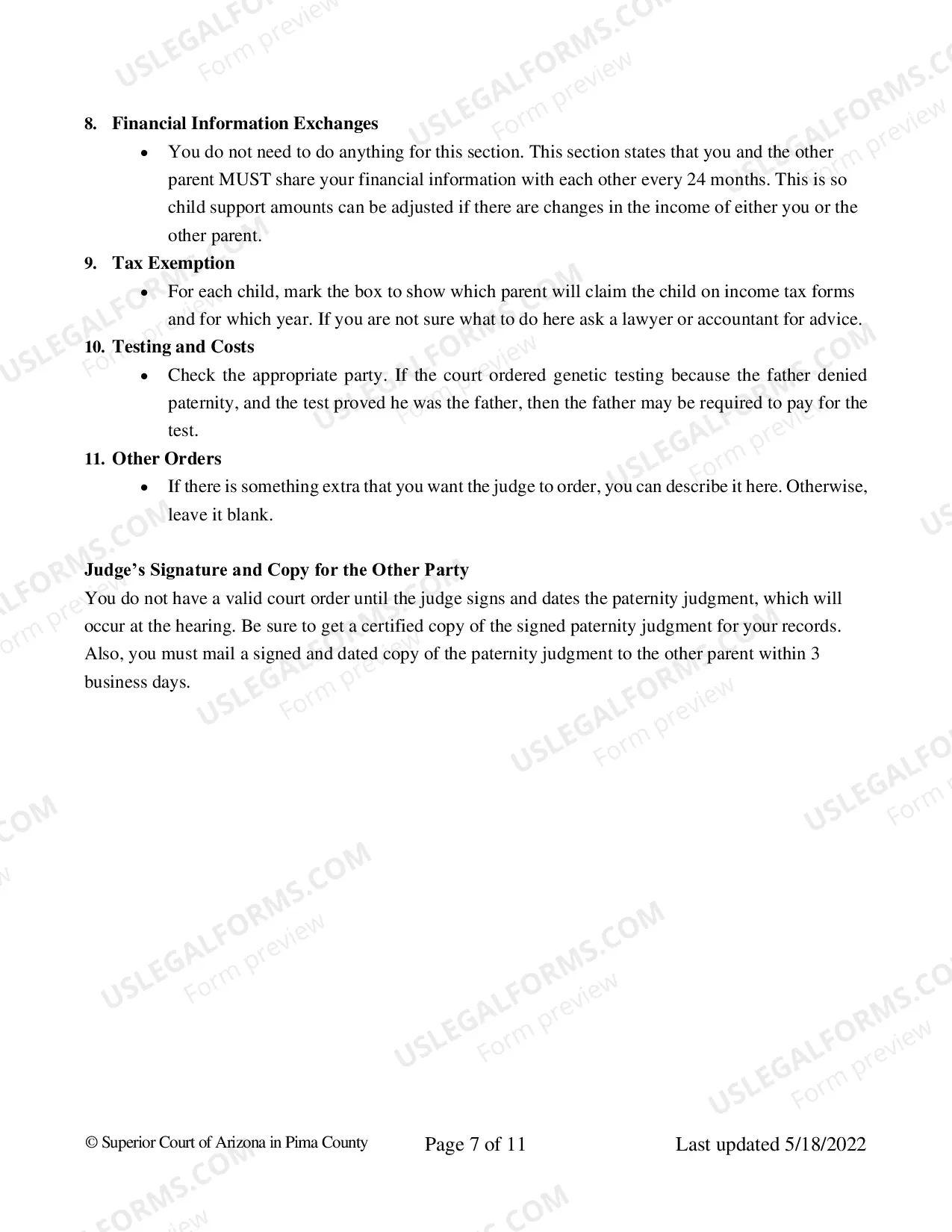 Preview Pima County - Paternity Judgment Package