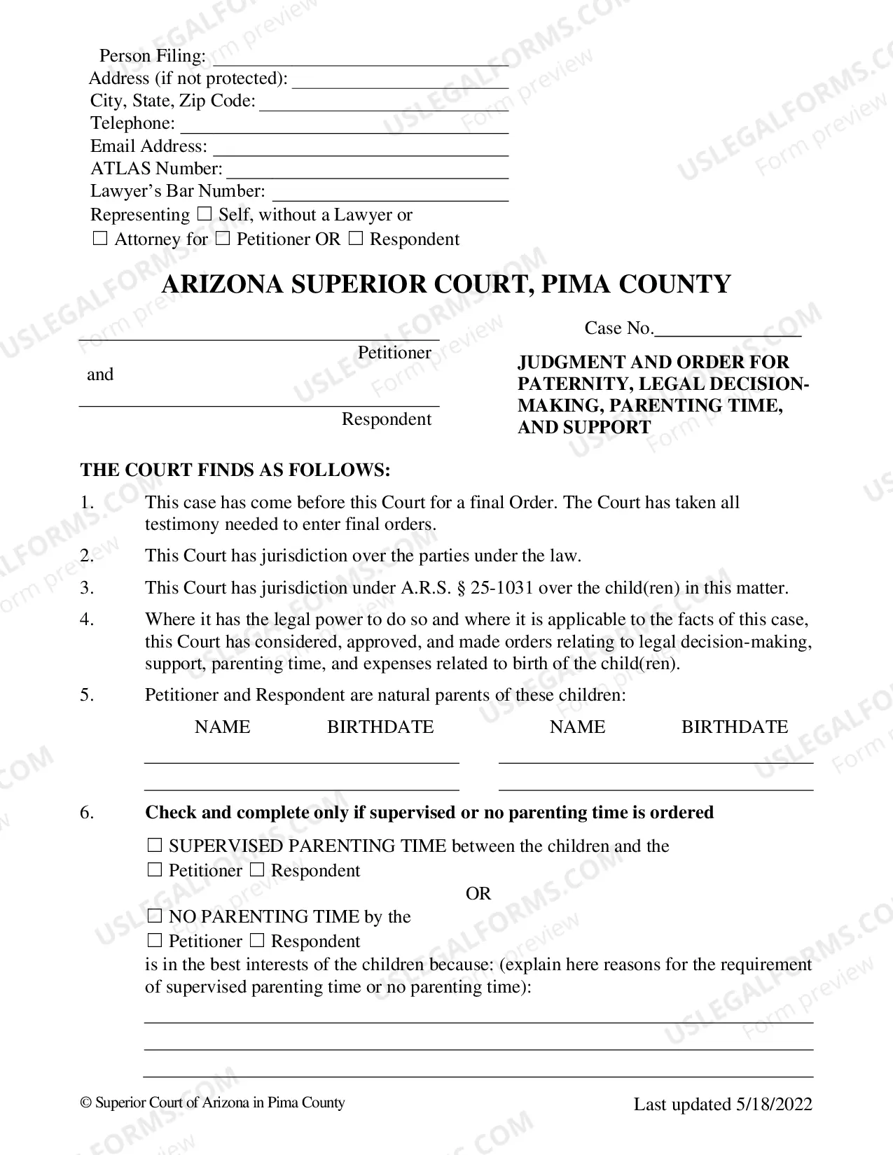 Preview Pima County - Paternity Judgment Package
