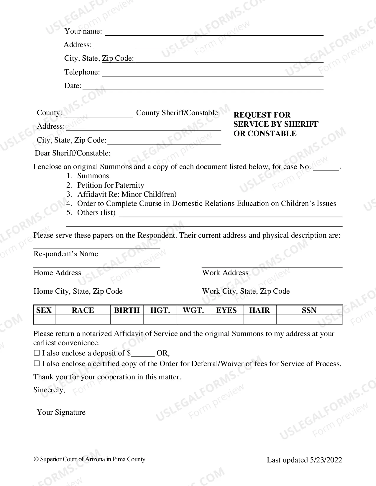 Preview Pima County - Service on the Other Party for Paternity Package