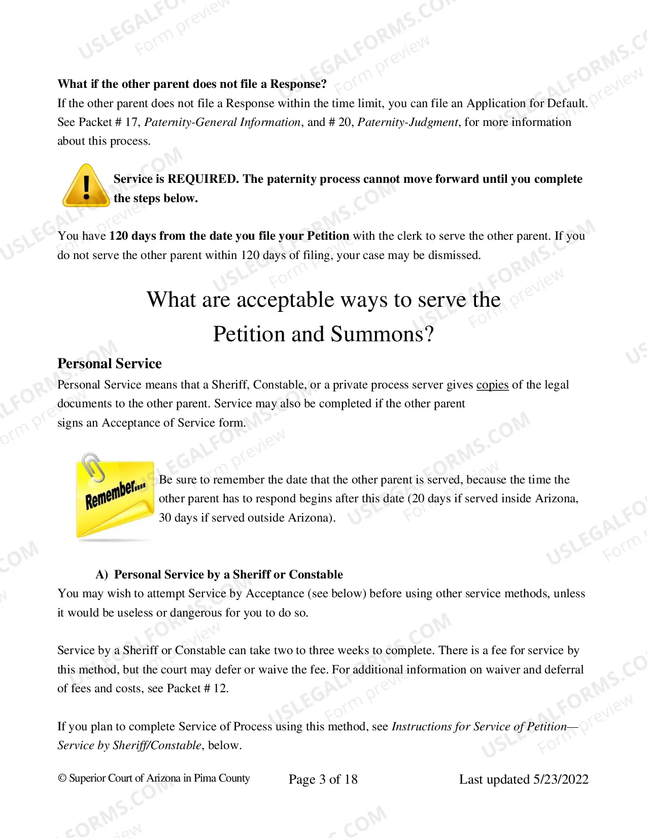 Preview Pima County - Service on the Other Party for Paternity Package