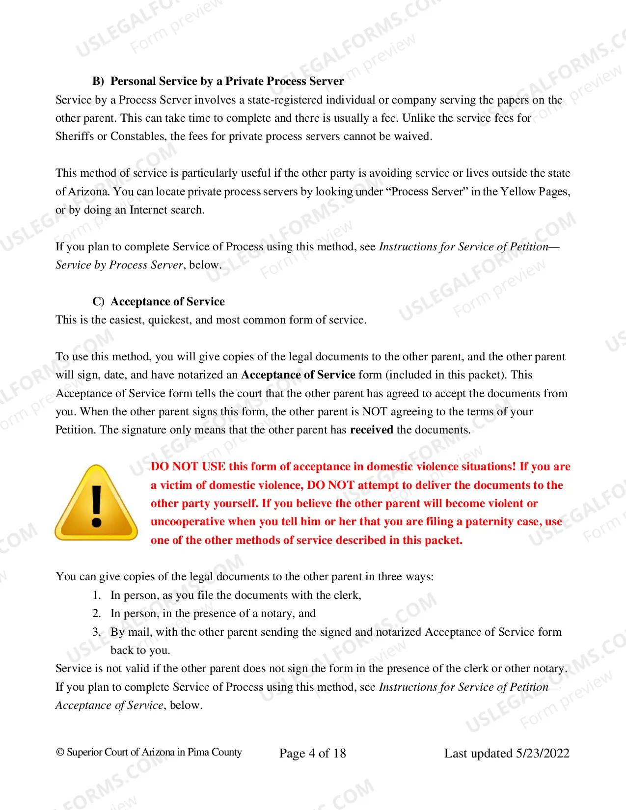 Preview Pima County - Service on the Other Party for Paternity Package