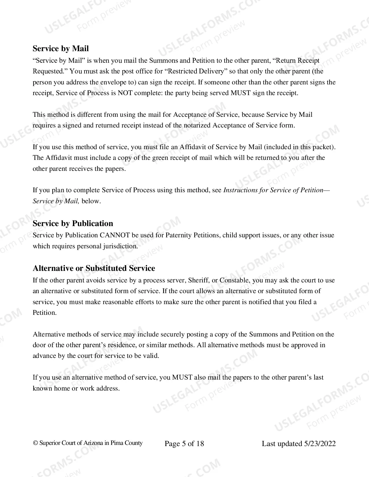 Preview Pima County - Service on the Other Party for Paternity Package