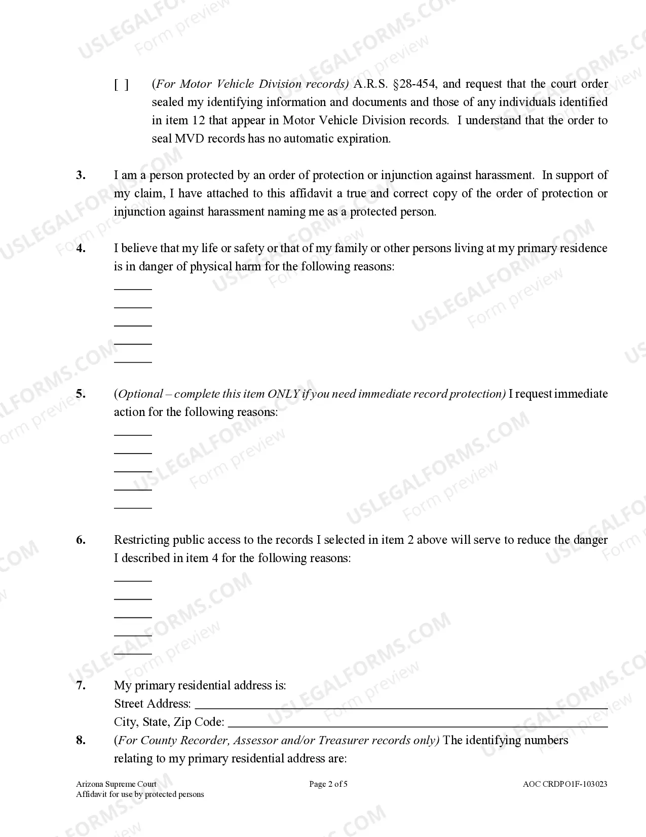 Preview Affidavit To Restrict Public Access To Address And Telephone Numbers In Public Records for Use by Person Protected By Order Or Injunction