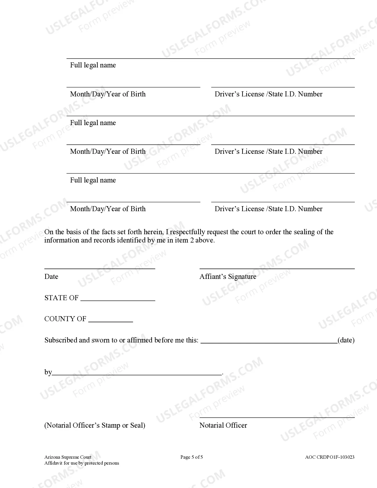 Preview Affidavit To Restrict Public Access To Address And Telephone Numbers In Public Records for Use by Person Protected By Order Or Injunction