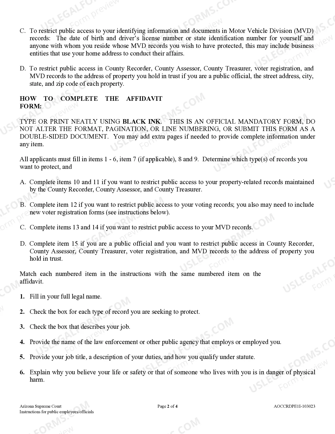 Preview Instructions for Affidavit in Support of Application to Restrict Public Access to Personal Information