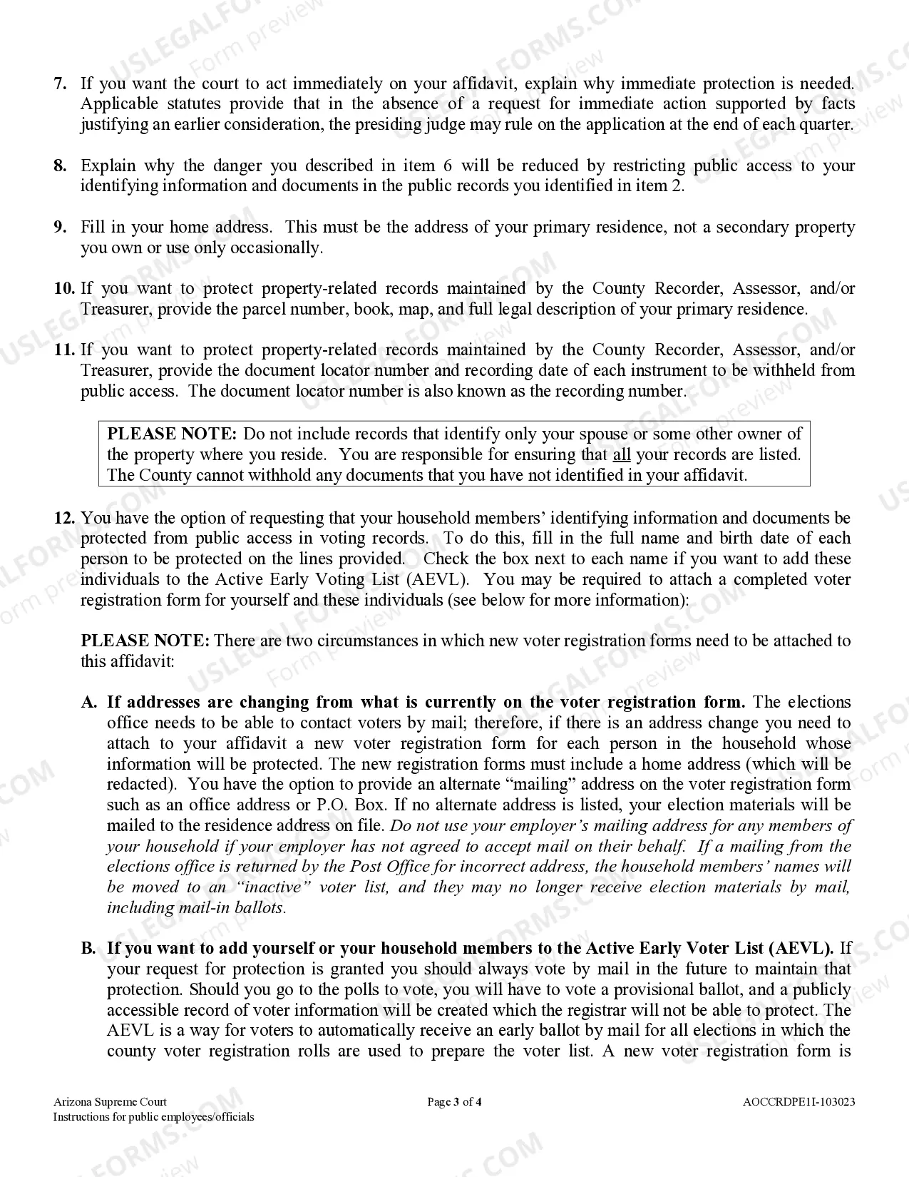 Preview Instructions for Affidavit in Support of Application to Restrict Public Access to Personal Information