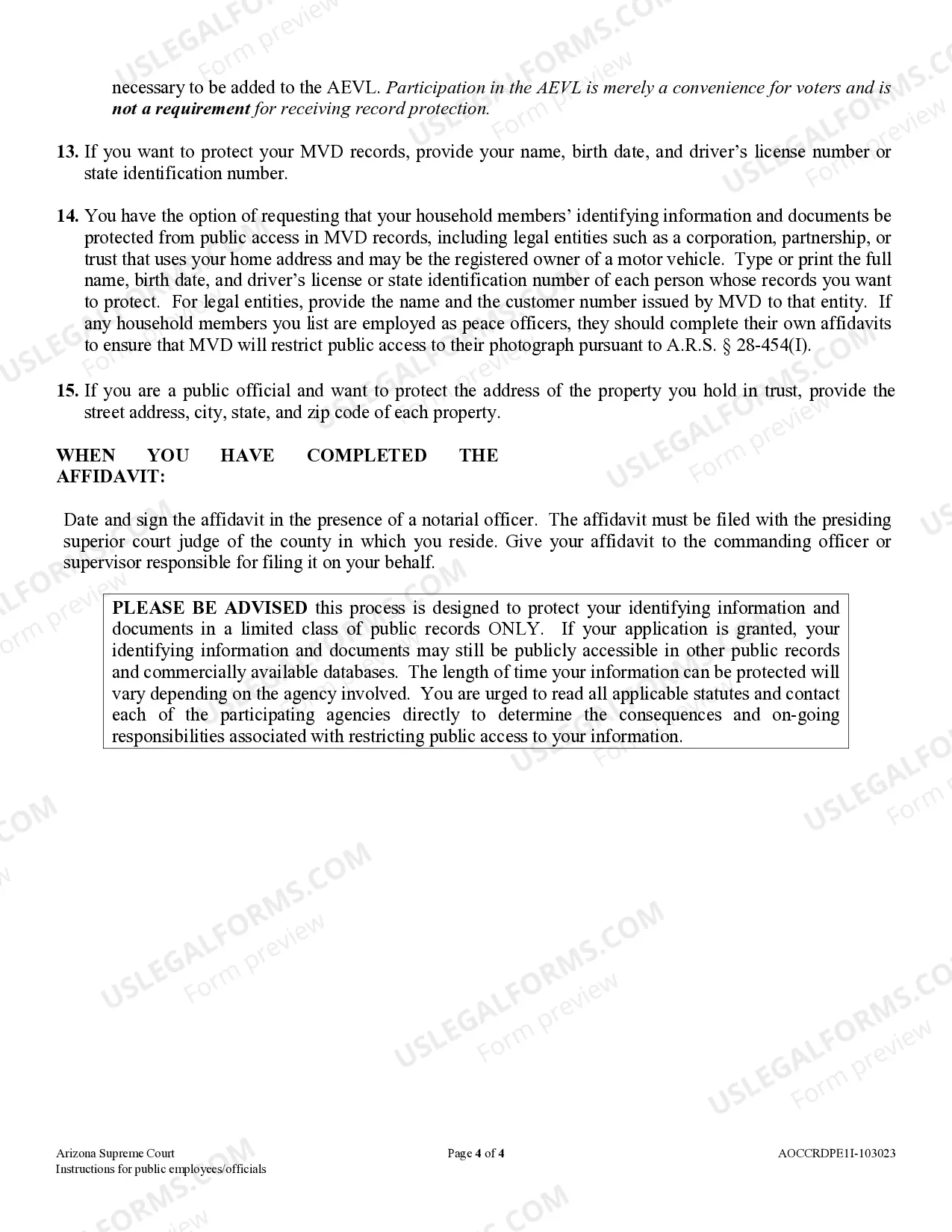 Preview Instructions for Affidavit in Support of Application to Restrict Public Access to Personal Information