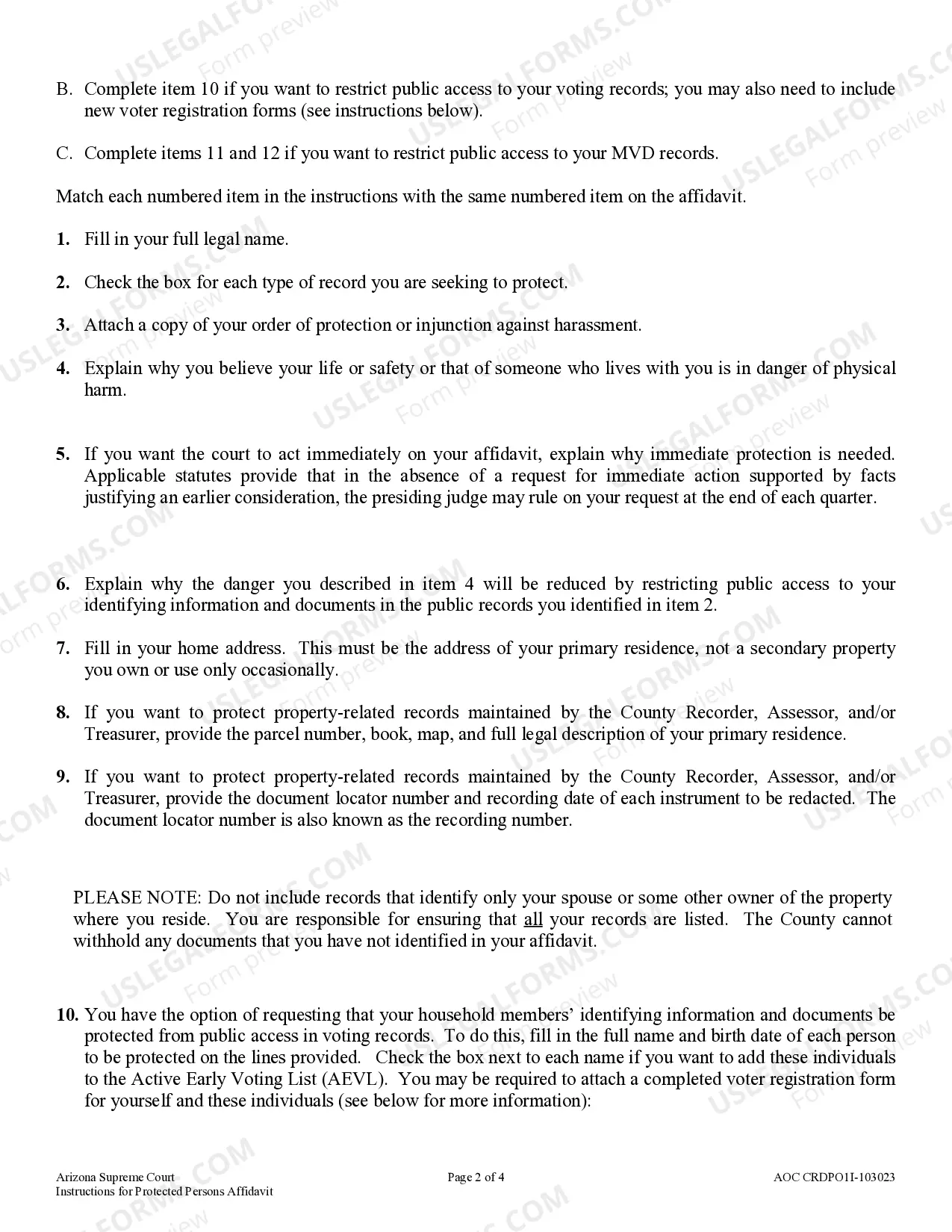 Preview Instructions for Affidavit in Support of Application to Restric Public Access to Personal Information