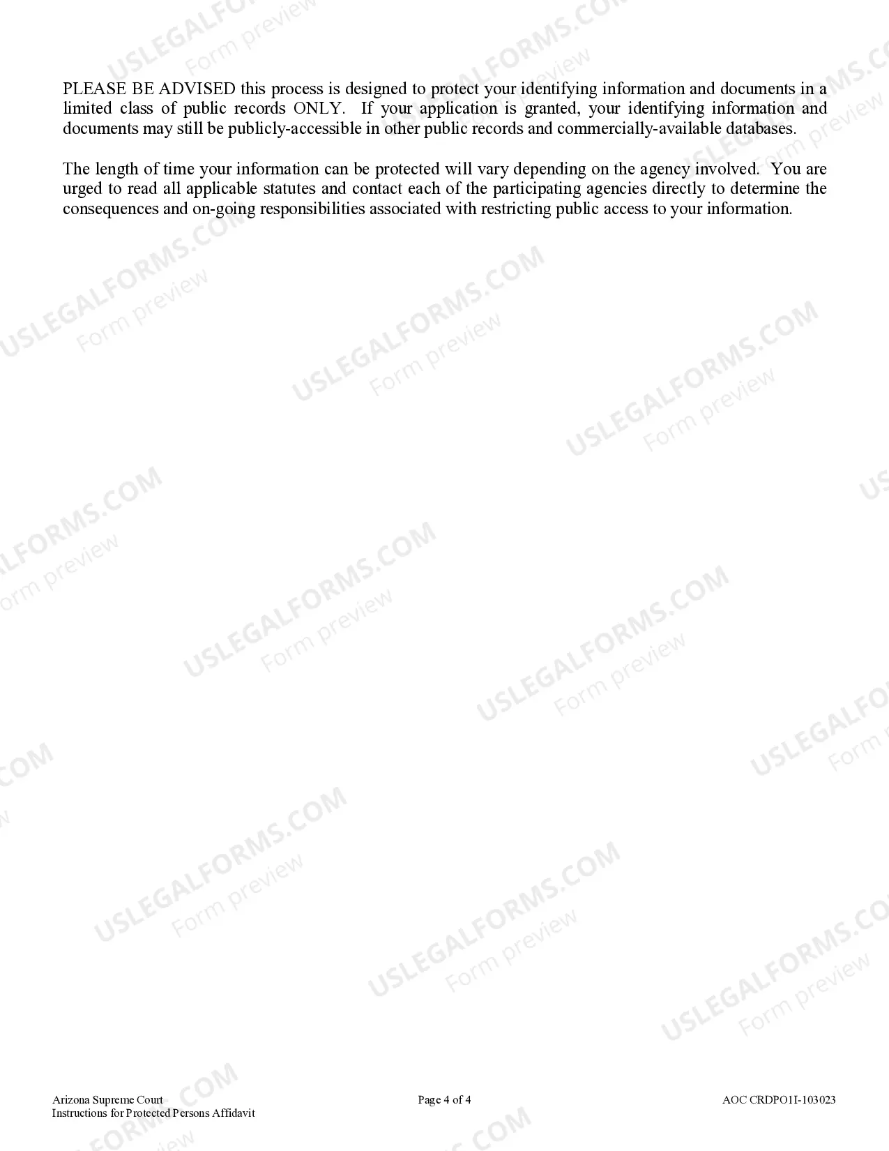 Preview Instructions for Affidavit in Support of Application to Restric Public Access to Personal Information