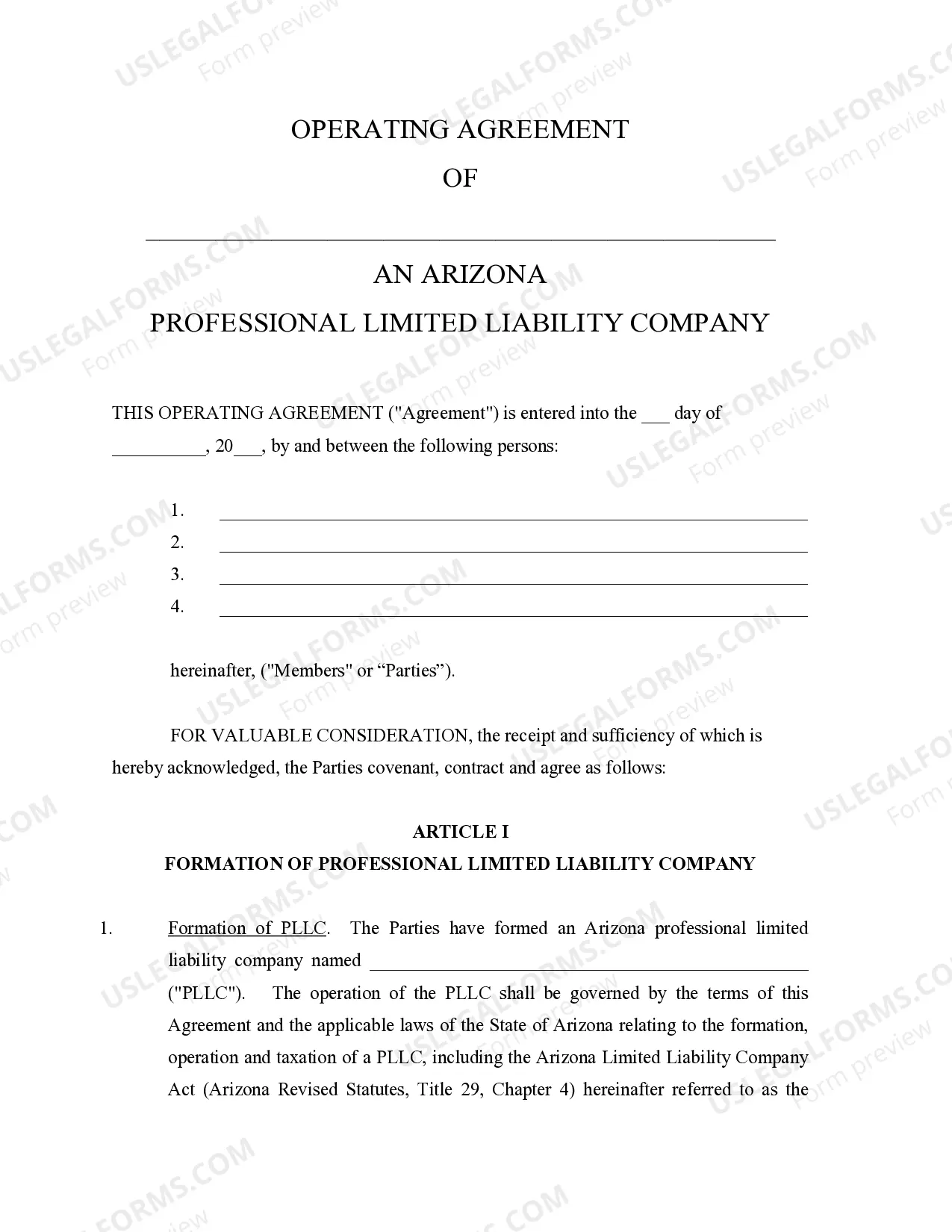Preview Sample Operating Agreement for Professional Limited Liability Company PLLC